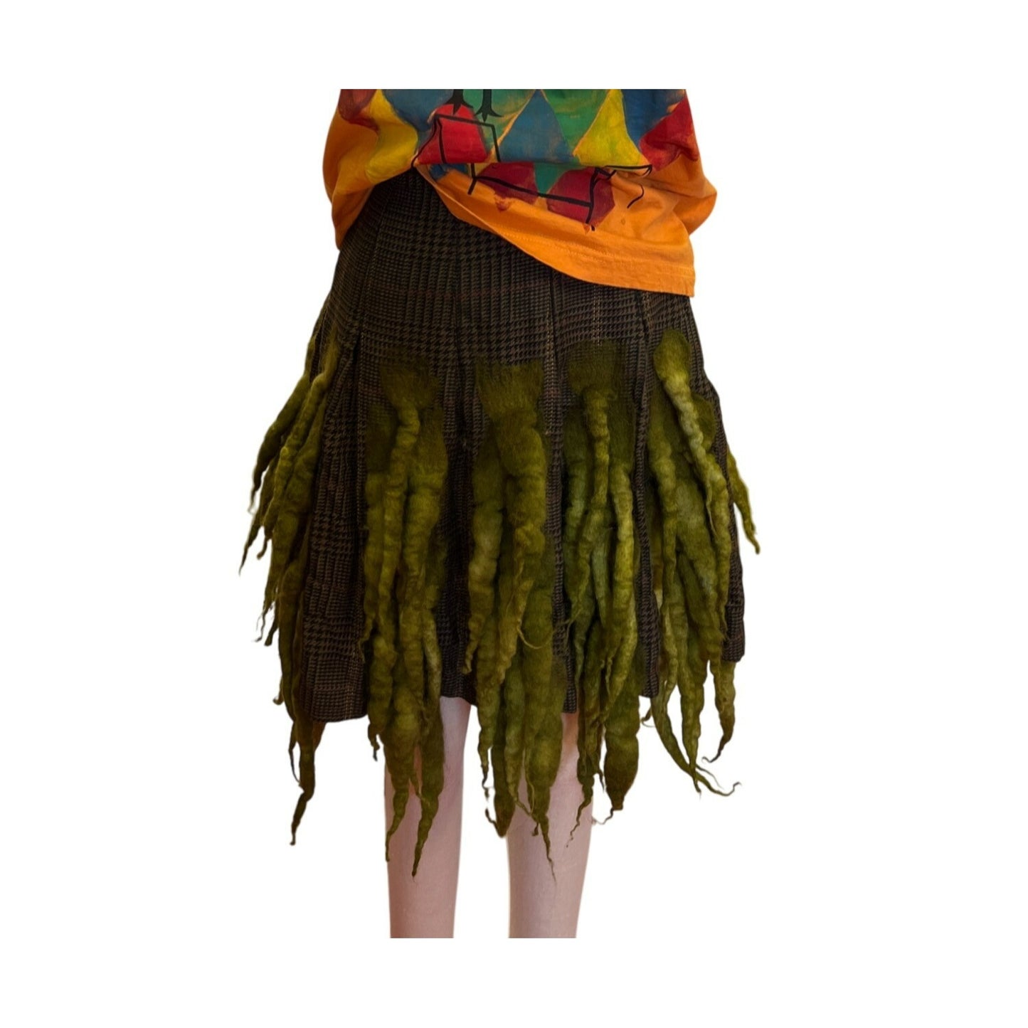 Vintage Tracy Evans Plaid Skirt With Green Wool Felted Unique Repurposed Design by TJ Horst