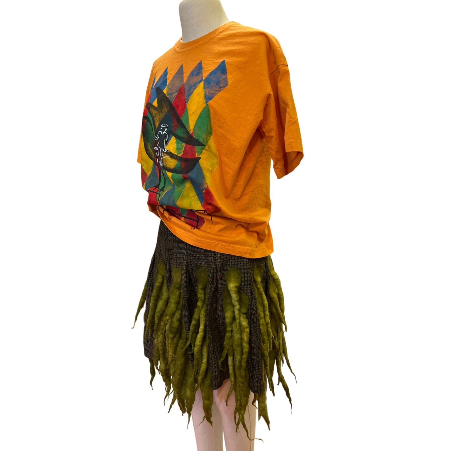 Vintage Tracy Evans Plaid Skirt With Green Wool Felted Unique Repurposed Design by TJ Horst