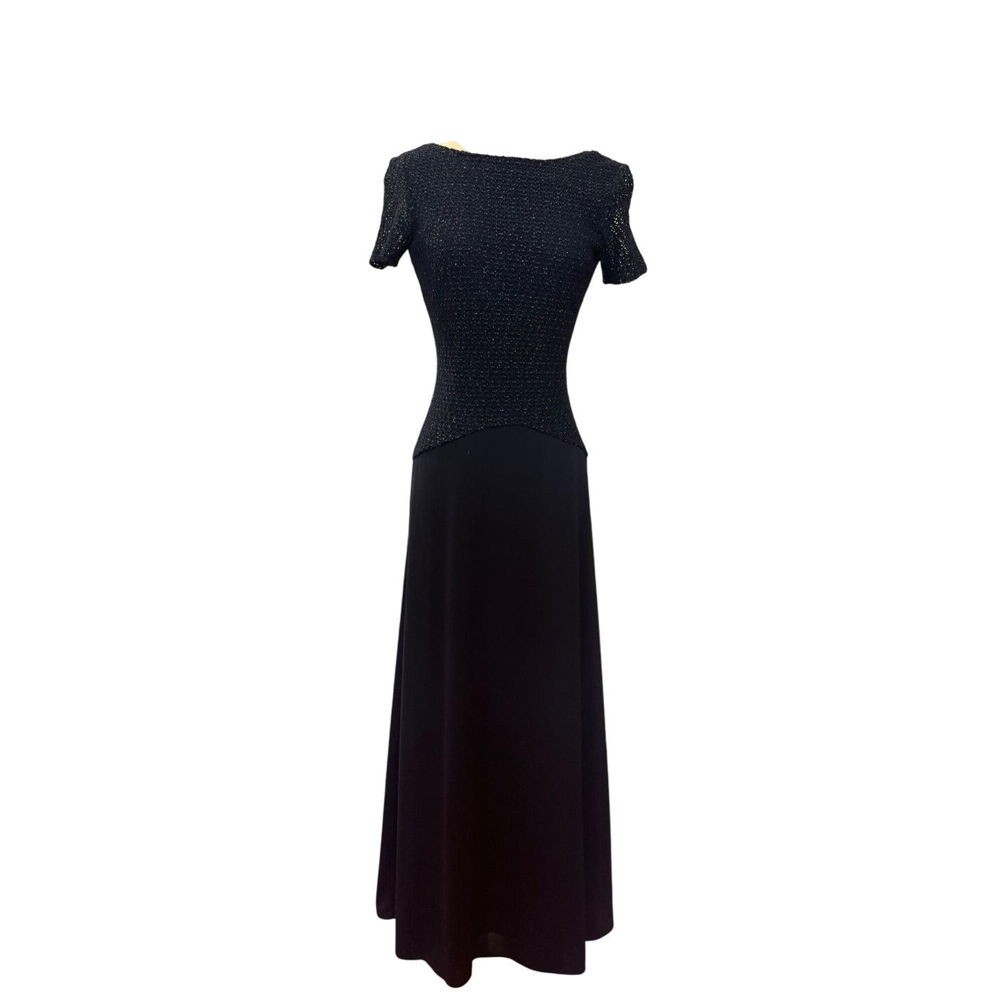Vintage JS Boutique Navy Blue Evening Gown Short Sleeve Size 6 Tactel Lurex Blend Made In Canada Elegant Bridal Formal Prom Homecoming Dress
