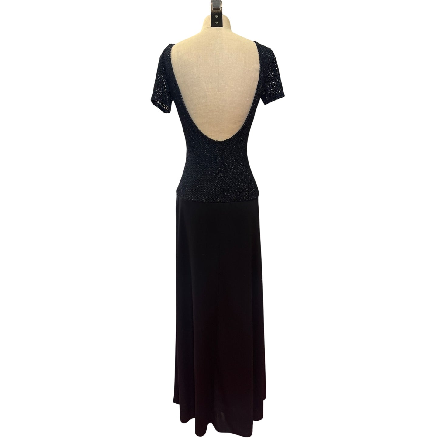 Vintage JS Boutique Navy Blue Evening Gown Short Sleeve Size 6 Tactel Lurex Blend Made In Canada Elegant Bridal Formal Prom Homecoming Dress