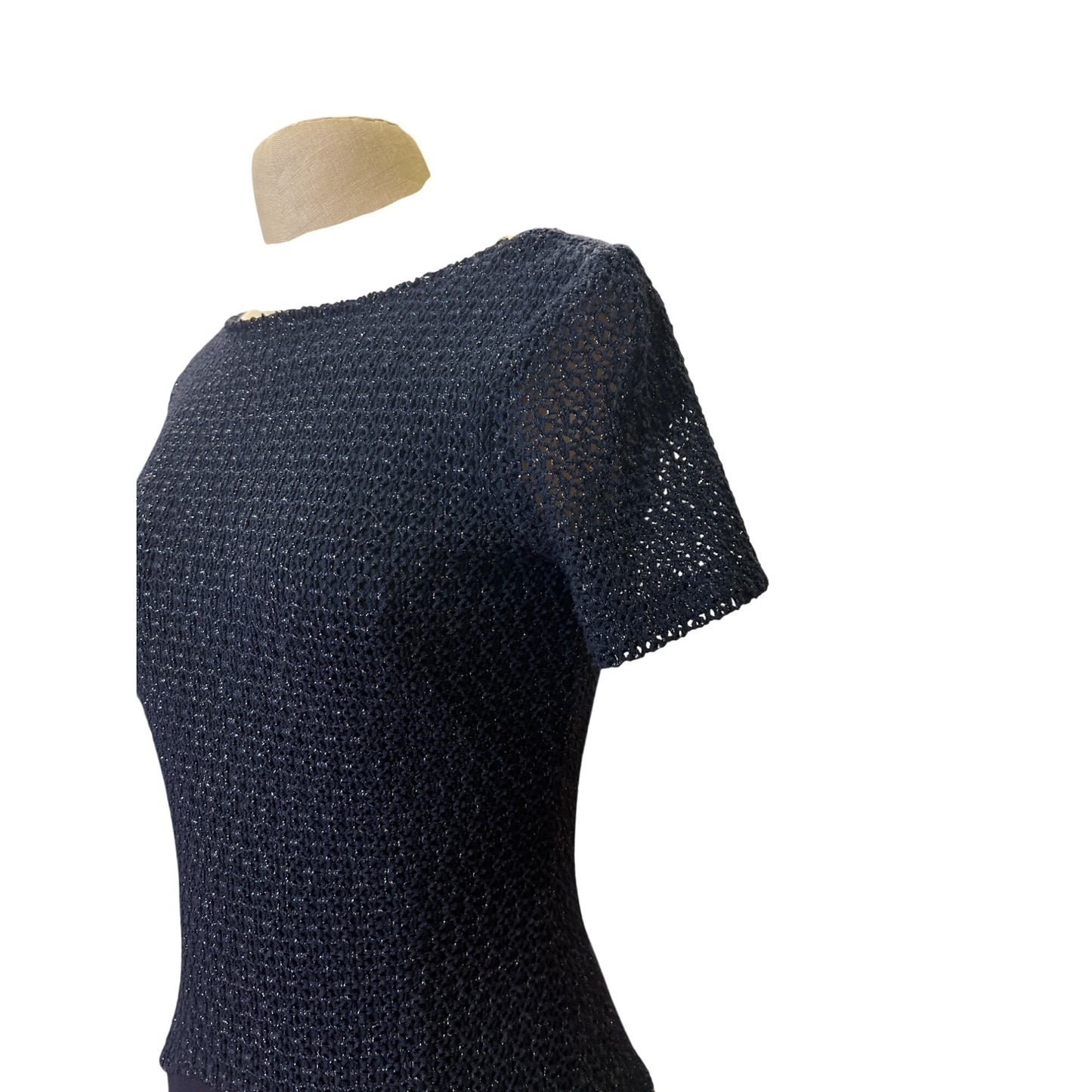 Vintage JS Boutique Navy Blue Evening Gown Short Sleeve Size 6 Tactel Lurex Blend Made In Canada Elegant Bridal Formal Prom Homecoming Dress