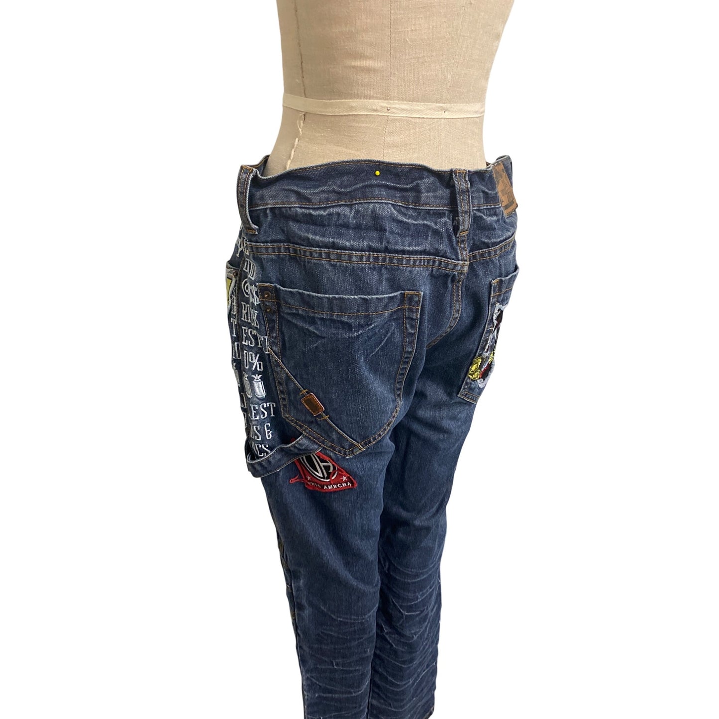Mens Vintage Americana Denim Cargo Jeans W36 L33 Embroidered Patches Jean Pants