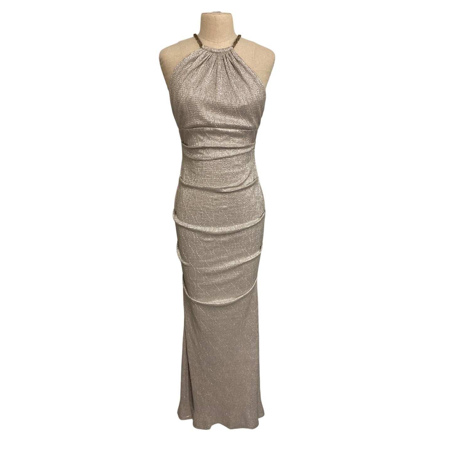 Xscape Silver Metallic Halter Evening Gown Size 6