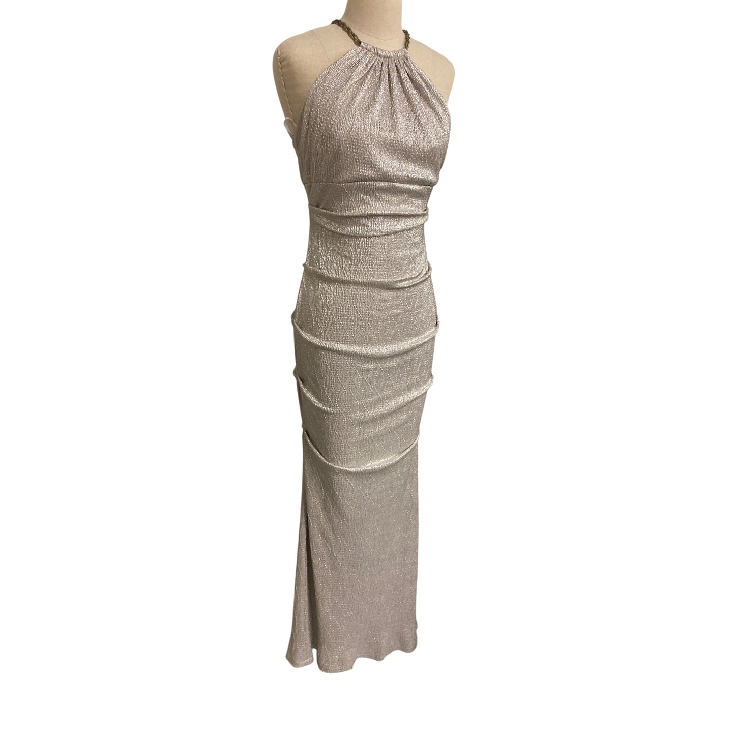 Xscape Silver Metallic Halter Evening Gown Size 6