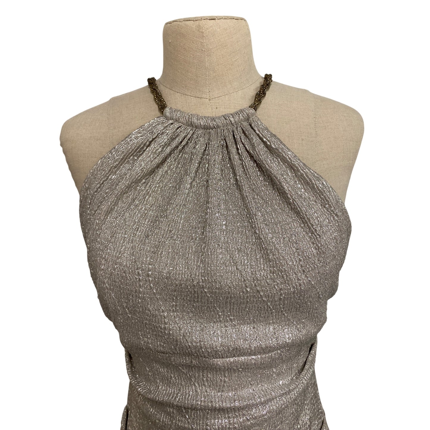 Xscape Silver Metallic Halter Evening Gown Size 6