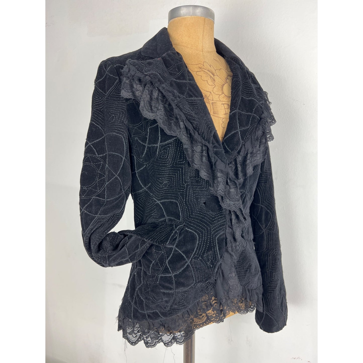 Sheri Bodel Black Authentic Vintage Women's Blazer Unique Jacket with Ruffle Lace Trim from Nordstrom