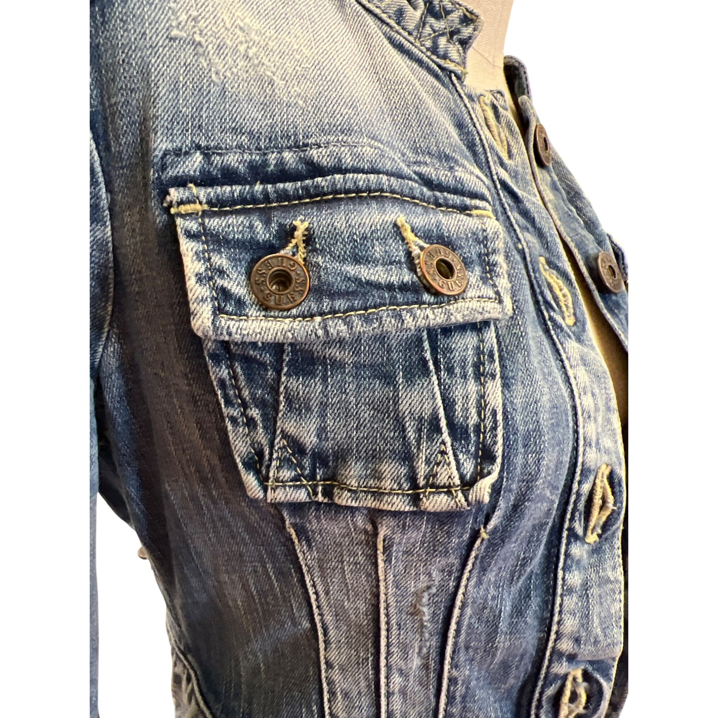 Vintage Guess Jean Jacket Women's Distressed Denim Button-Up Bolero Blazer Top With Puff Sleeves Fitted Waist