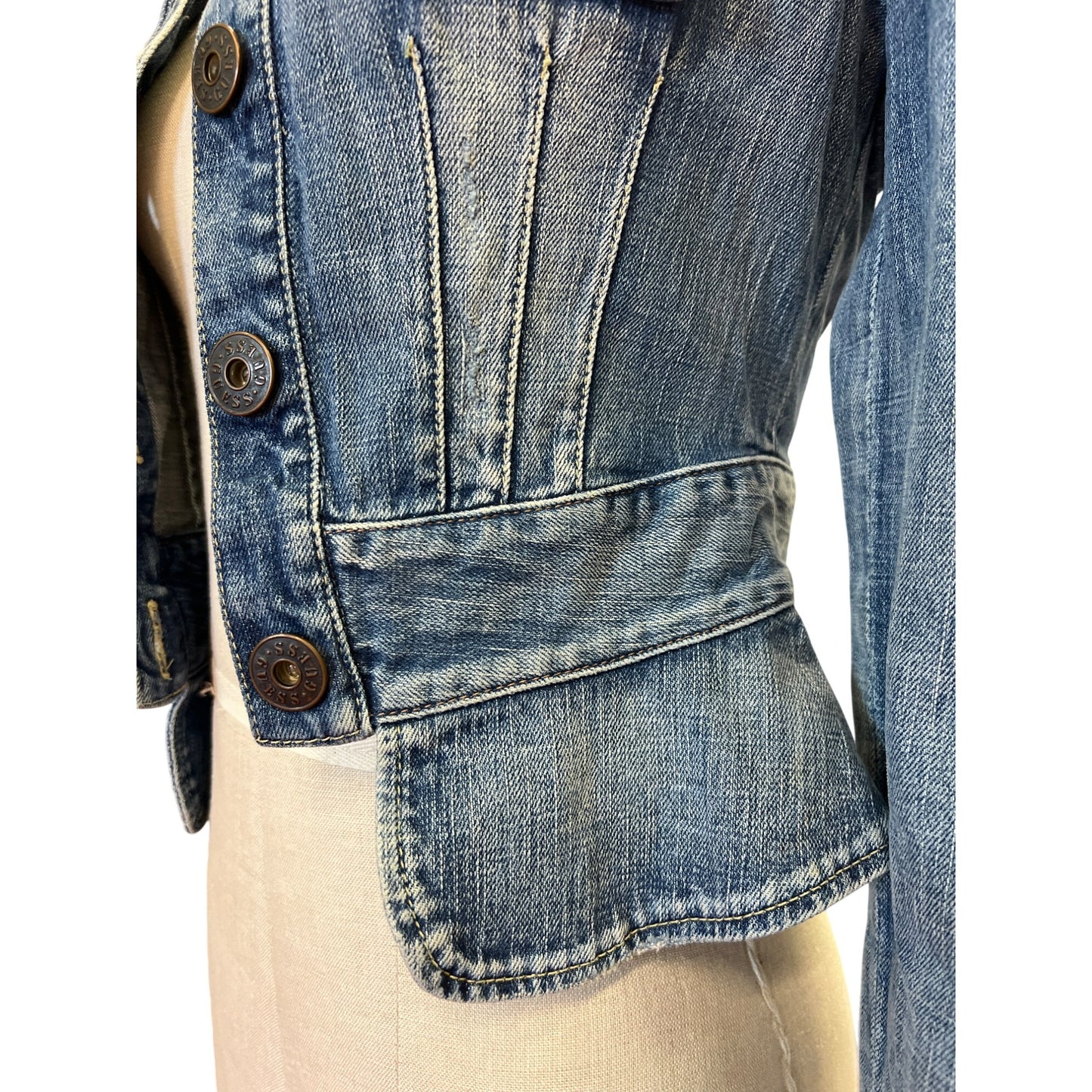 Vintage Guess Jean Jacket Women's Distressed Denim Button-Up Bolero Blazer Top With Puff Sleeves Fitted Waist