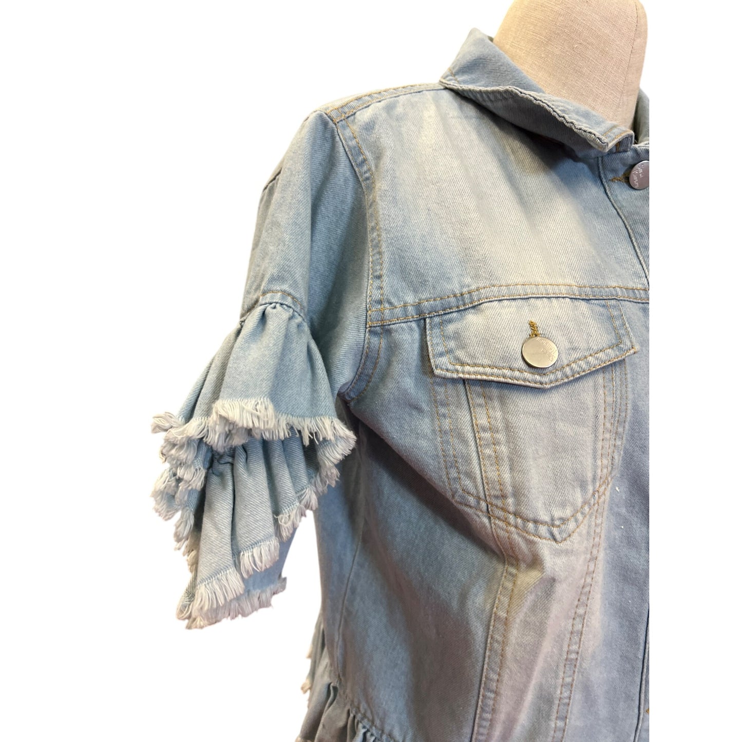 Womens Short-Sleeve Ruffle Denim Jacket By Sparkle & Glamour