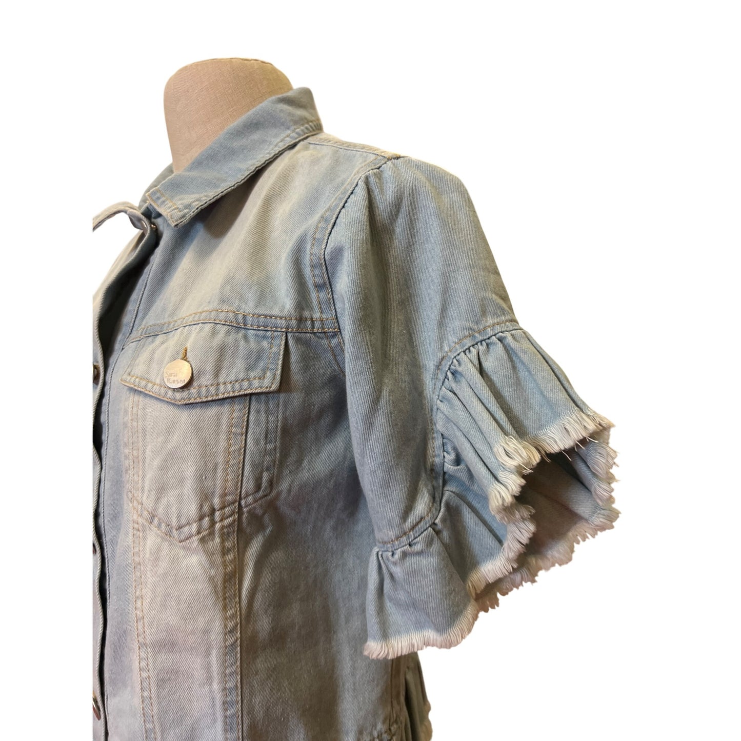 Womens Short-Sleeve Ruffle Denim Jacket By Sparkle & Glamour