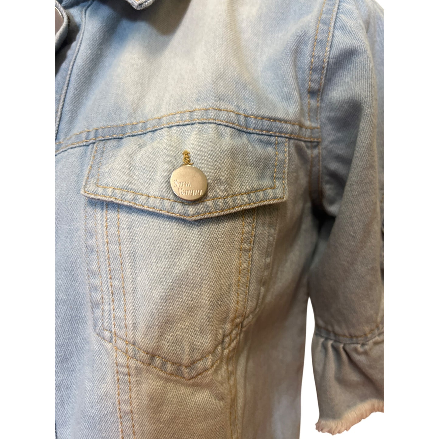 Womens Short-Sleeve Ruffle Denim Jacket By Sparkle & Glamour