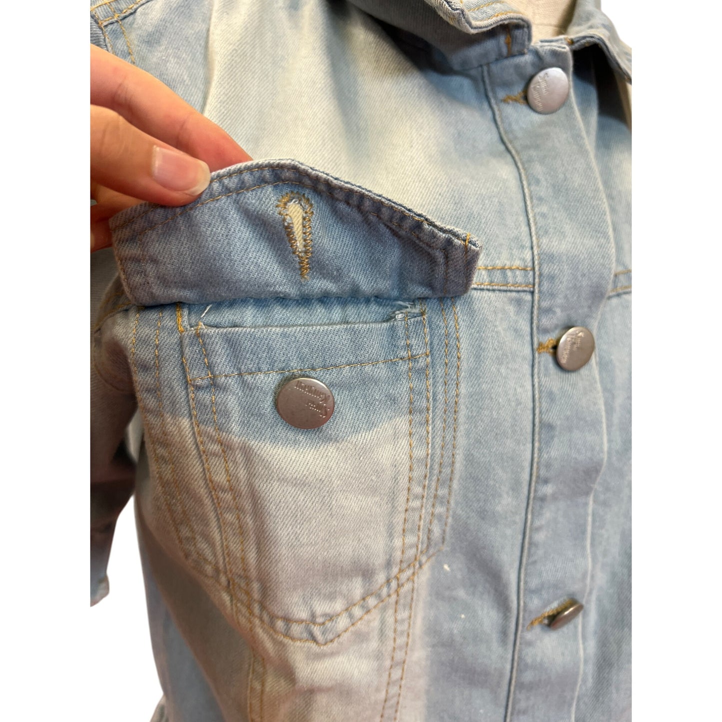 Womens Short-Sleeve Ruffle Denim Jacket By Sparkle & Glamour