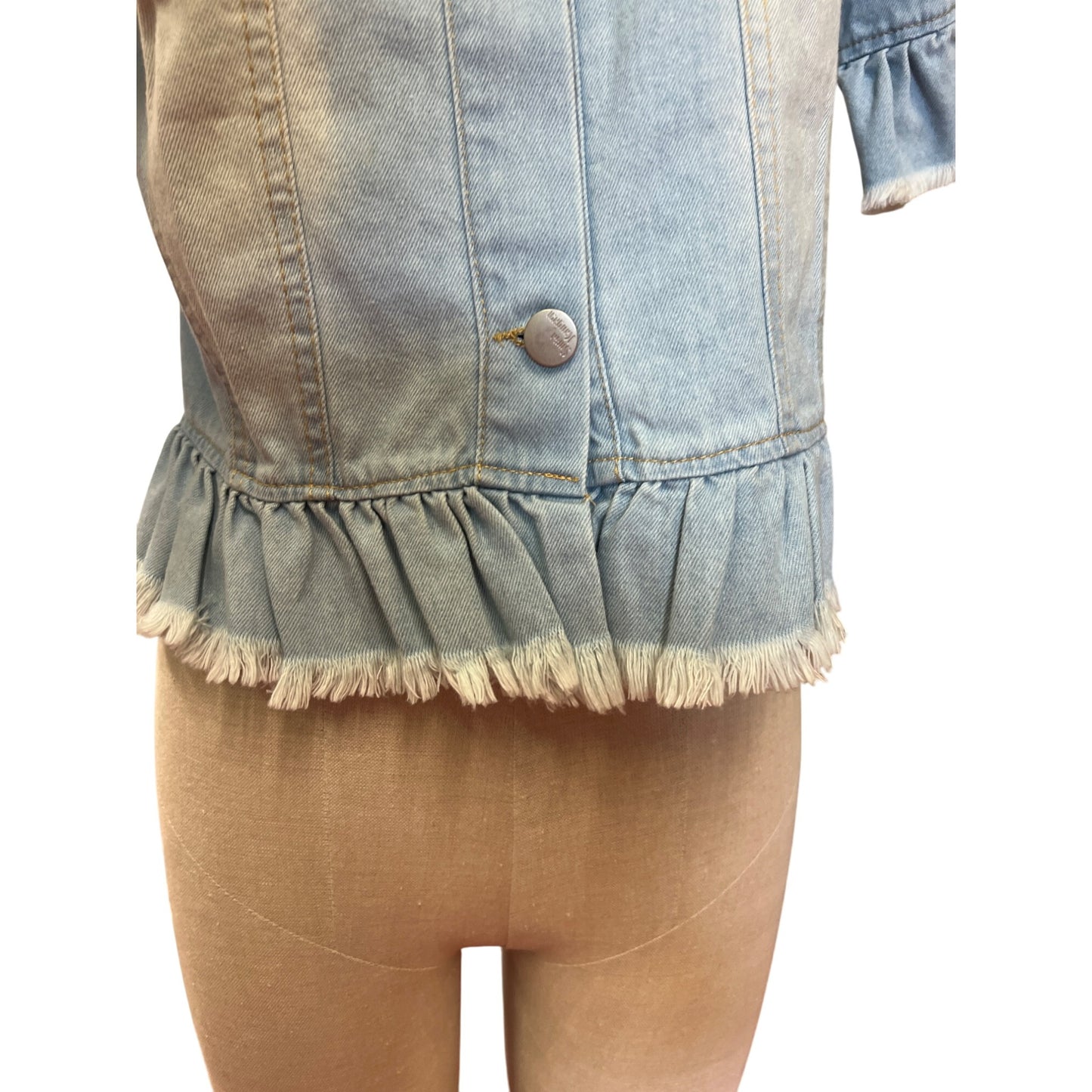 Womens Short-Sleeve Ruffle Denim Jacket By Sparkle & Glamour