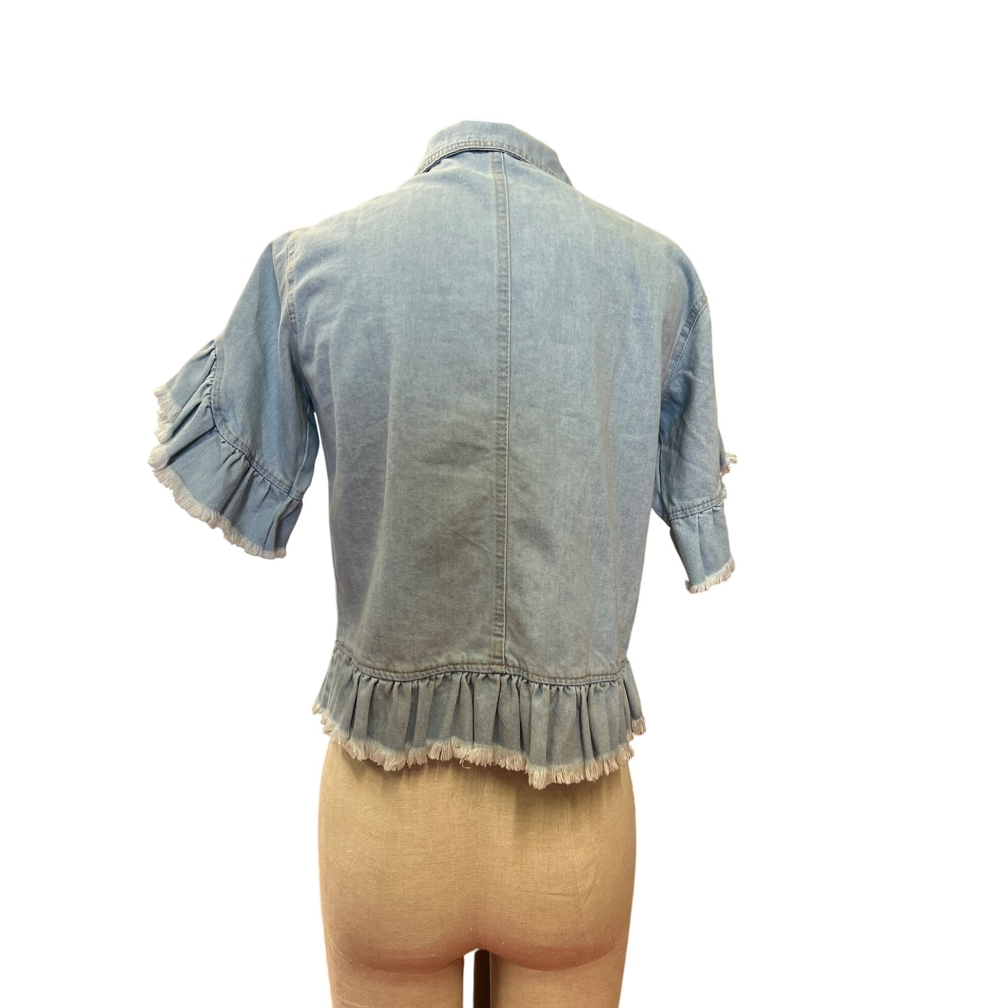 Womens Short-Sleeve Ruffle Denim Jacket By Sparkle & Glamour