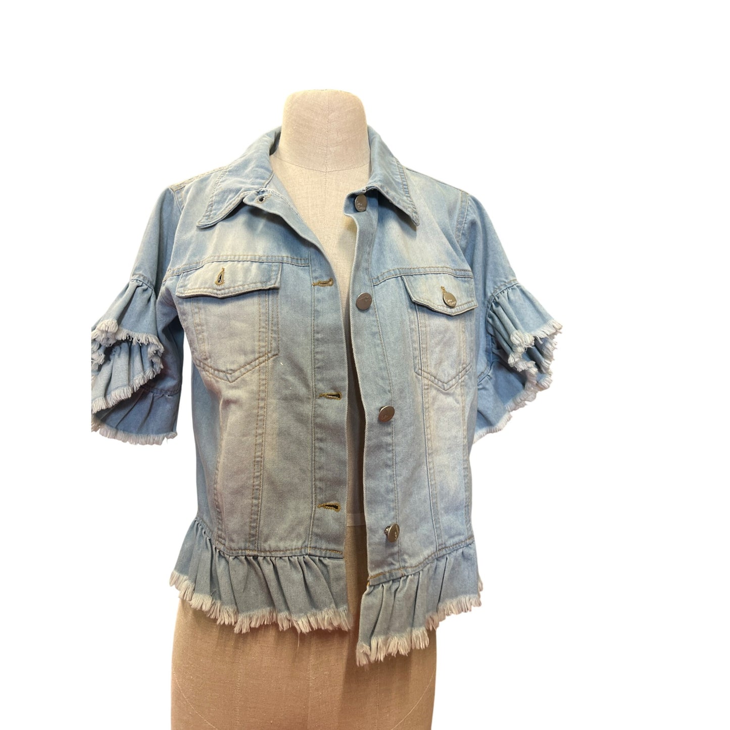 Womens Short-Sleeve Ruffle Denim Jacket By Sparkle & Glamour