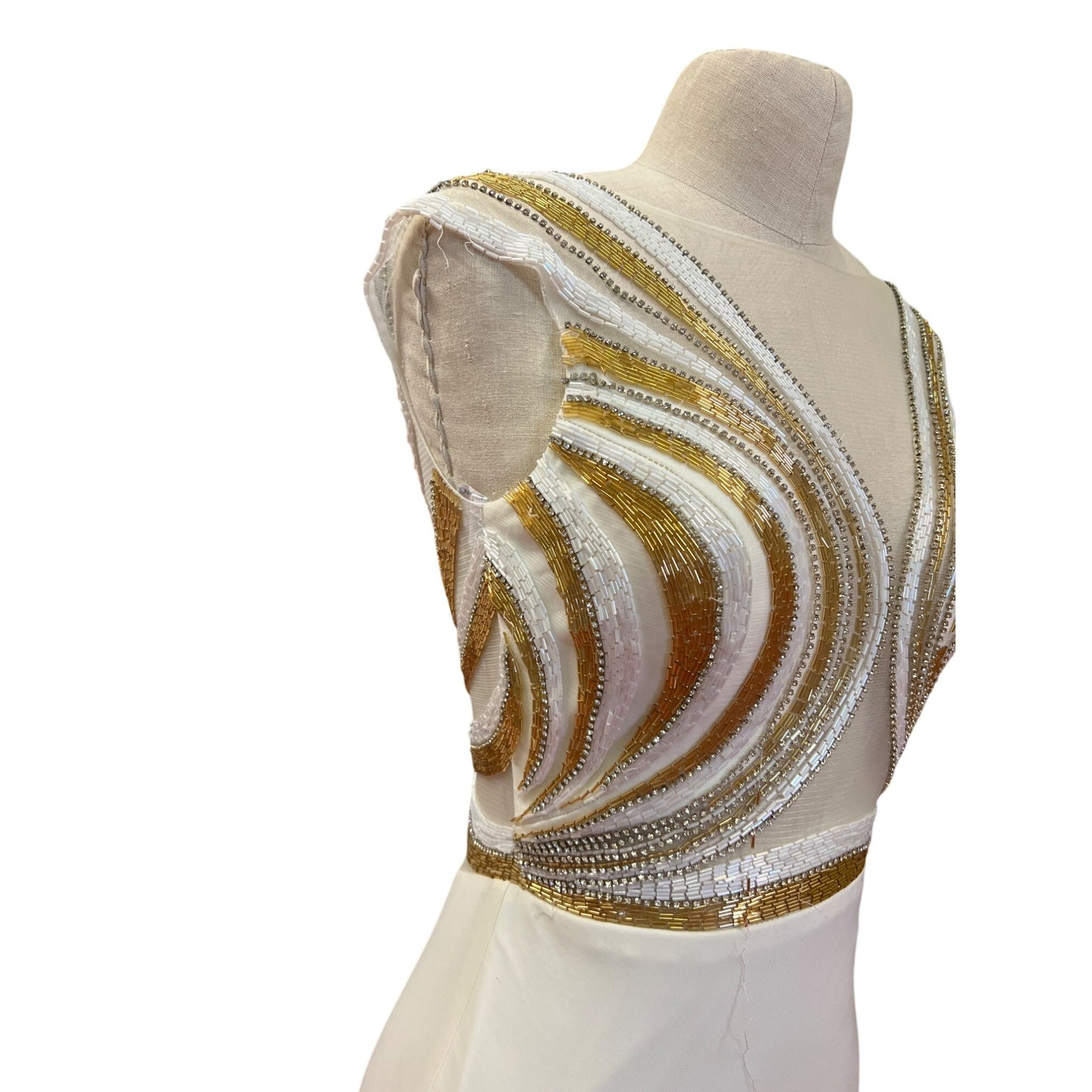 Vintage Tony BowlsTM Dress Floor Length Gown With Gold White Beading Glamorous Bridal Homecoming Fabulous Prom Metallic Dress Formal MOB