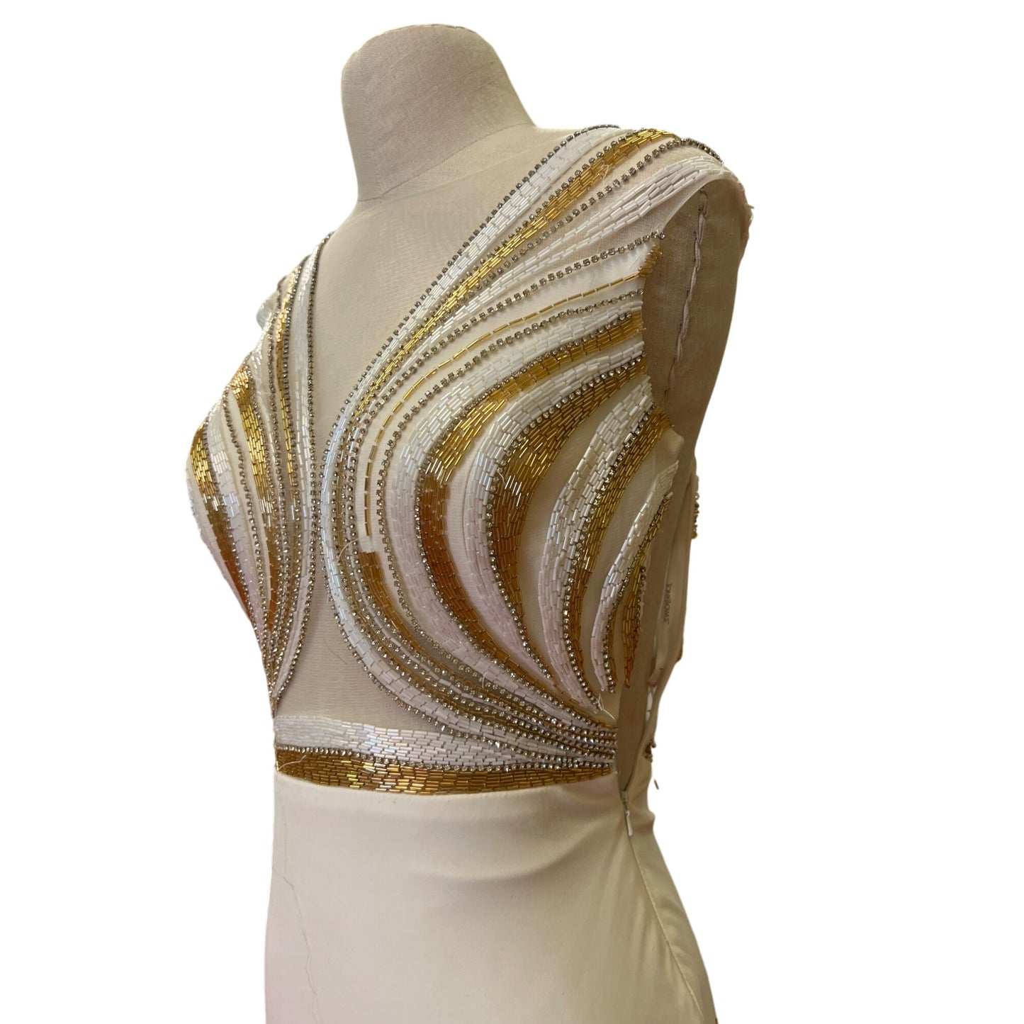 Vintage Tony BowlsTM Dress Floor Length Gown With Gold White Beading Glamorous Bridal Homecoming Fabulous Prom Metallic Dress Formal MOB