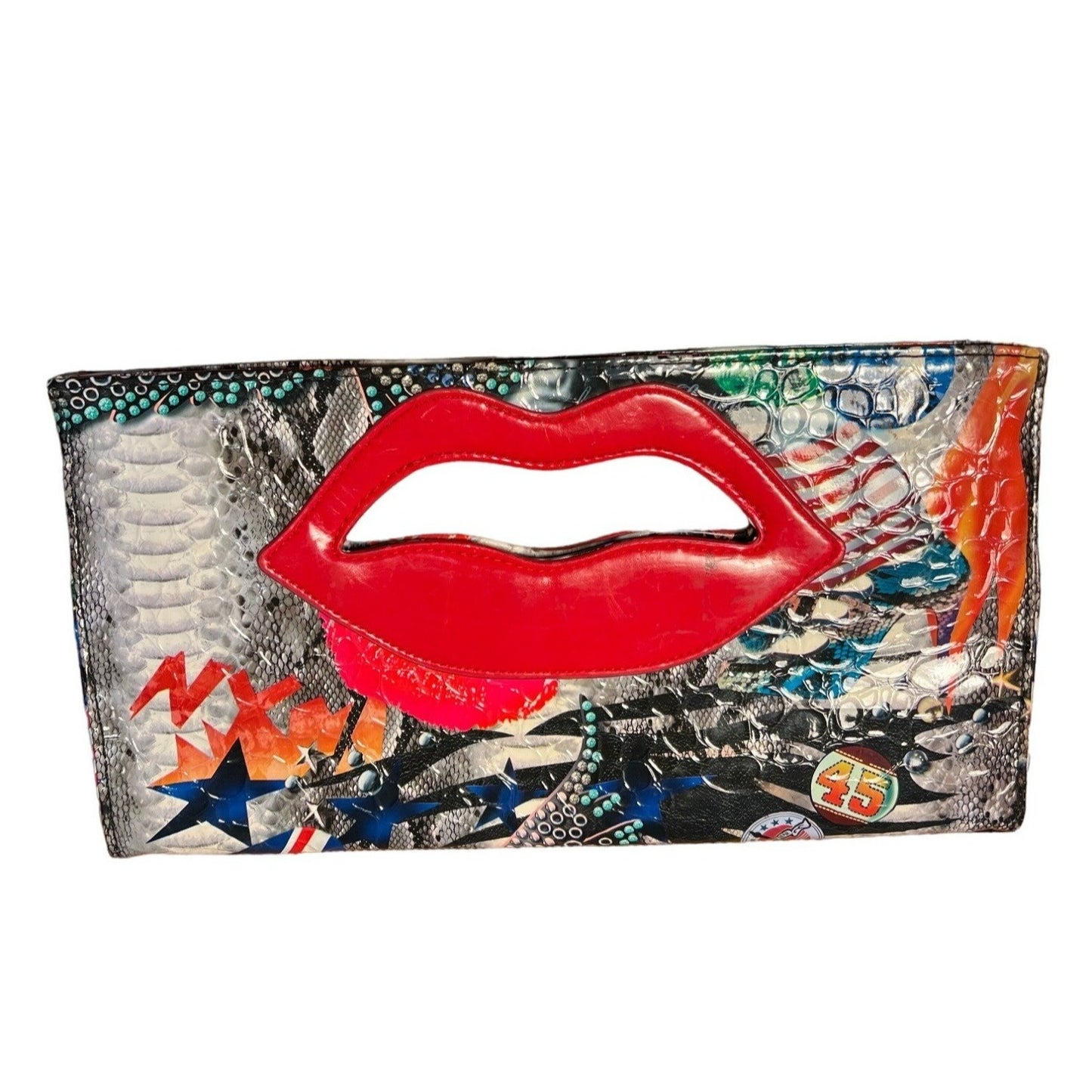 Lips Handle Multicolor Printed Clutch With Inner Zipper Magnetic Closure