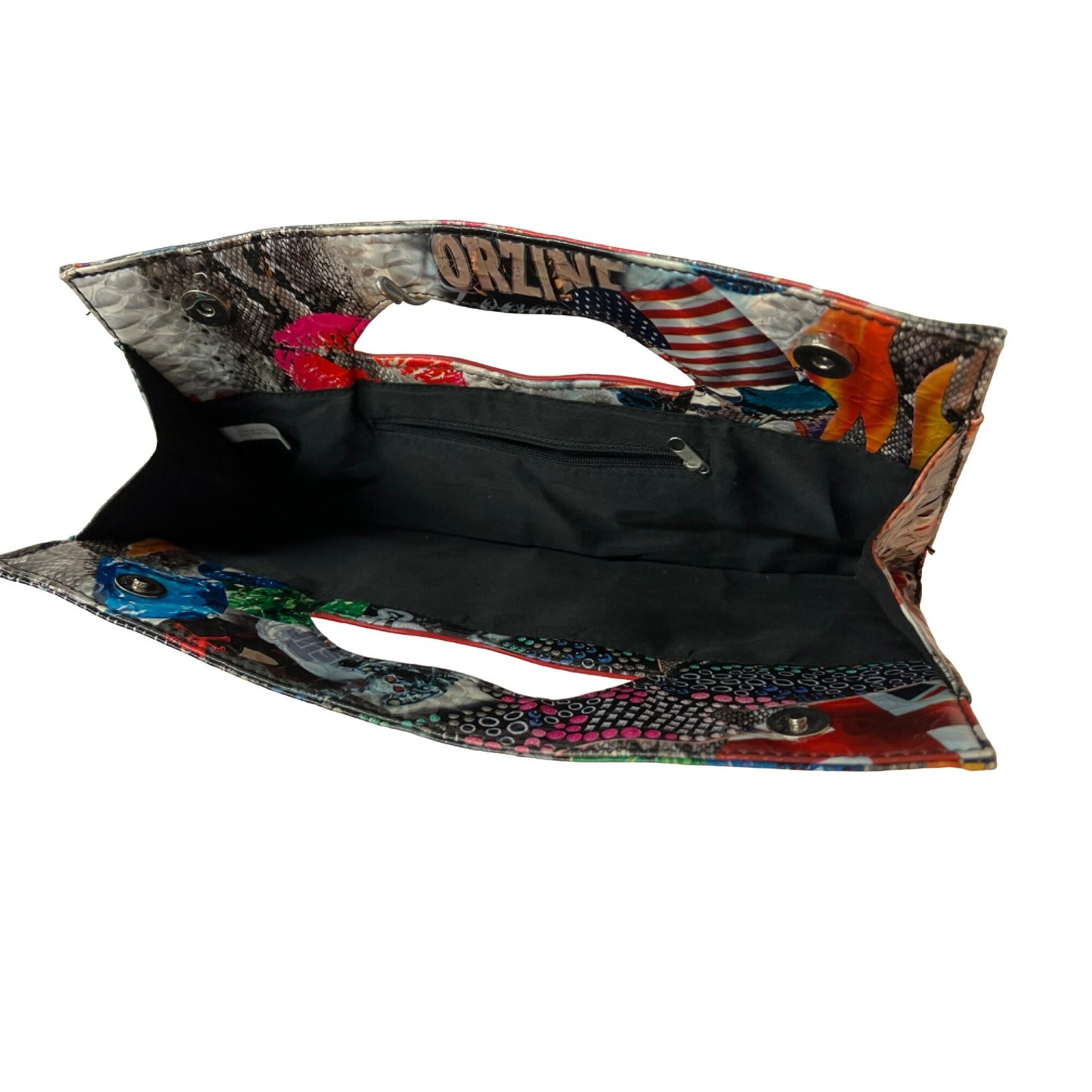 Lips Handle Multicolor Printed Clutch With Inner Zipper Magnetic Closure