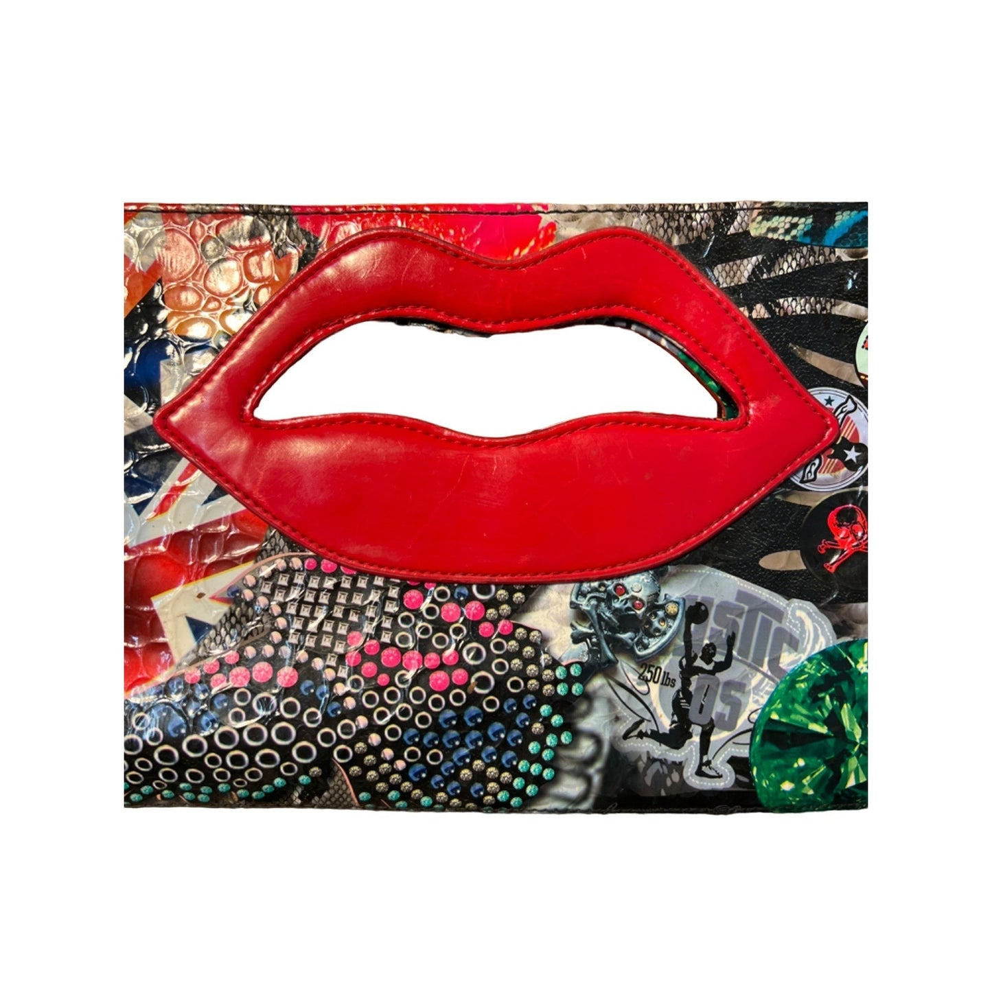 Lips Handle Multicolor Printed Clutch With Inner Zipper Magnetic Closure