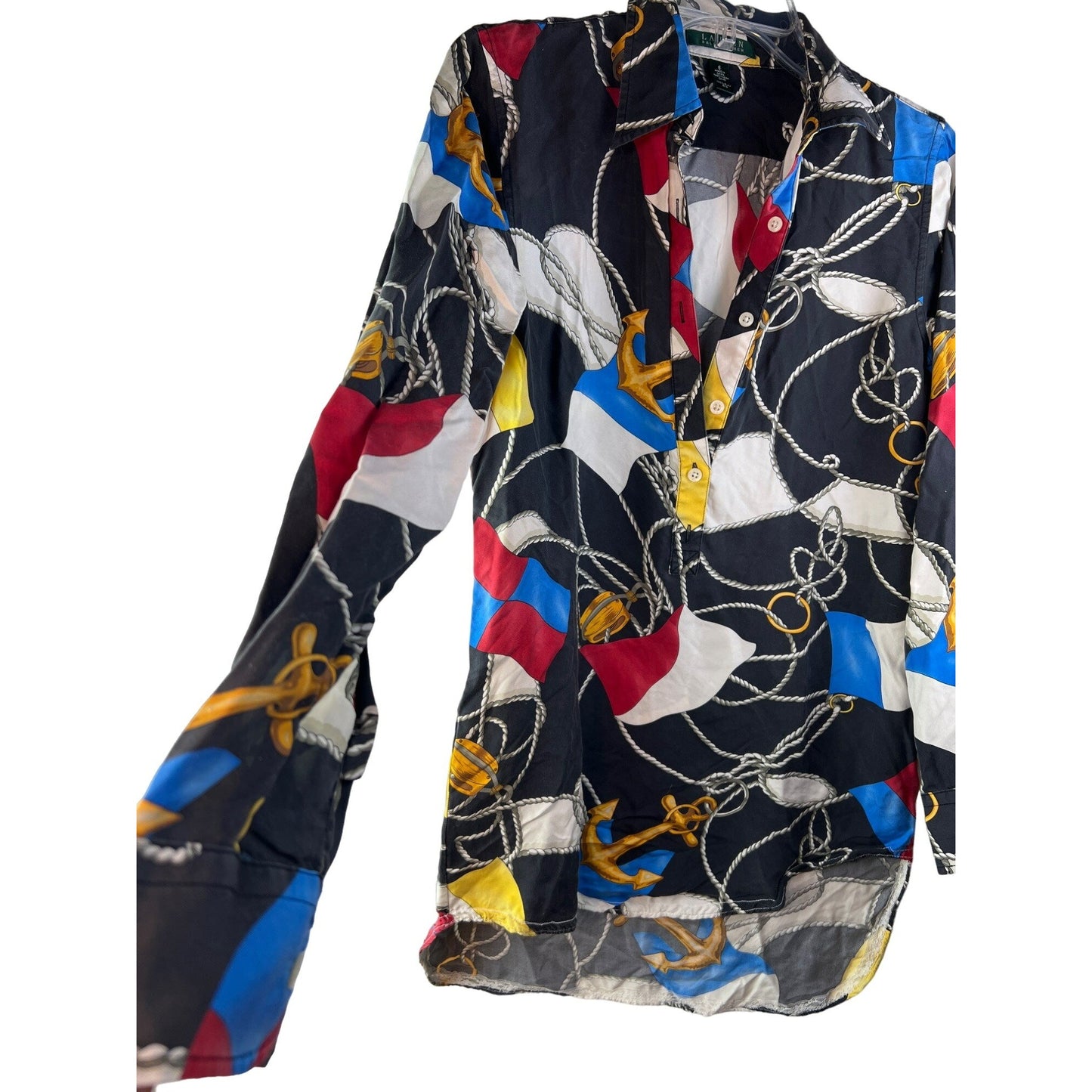 Lauren Ralph Lauren Nautical Flag & Anchor Print 100% Silk Blouse Size 6 With Button Front & Bow Tie Detail