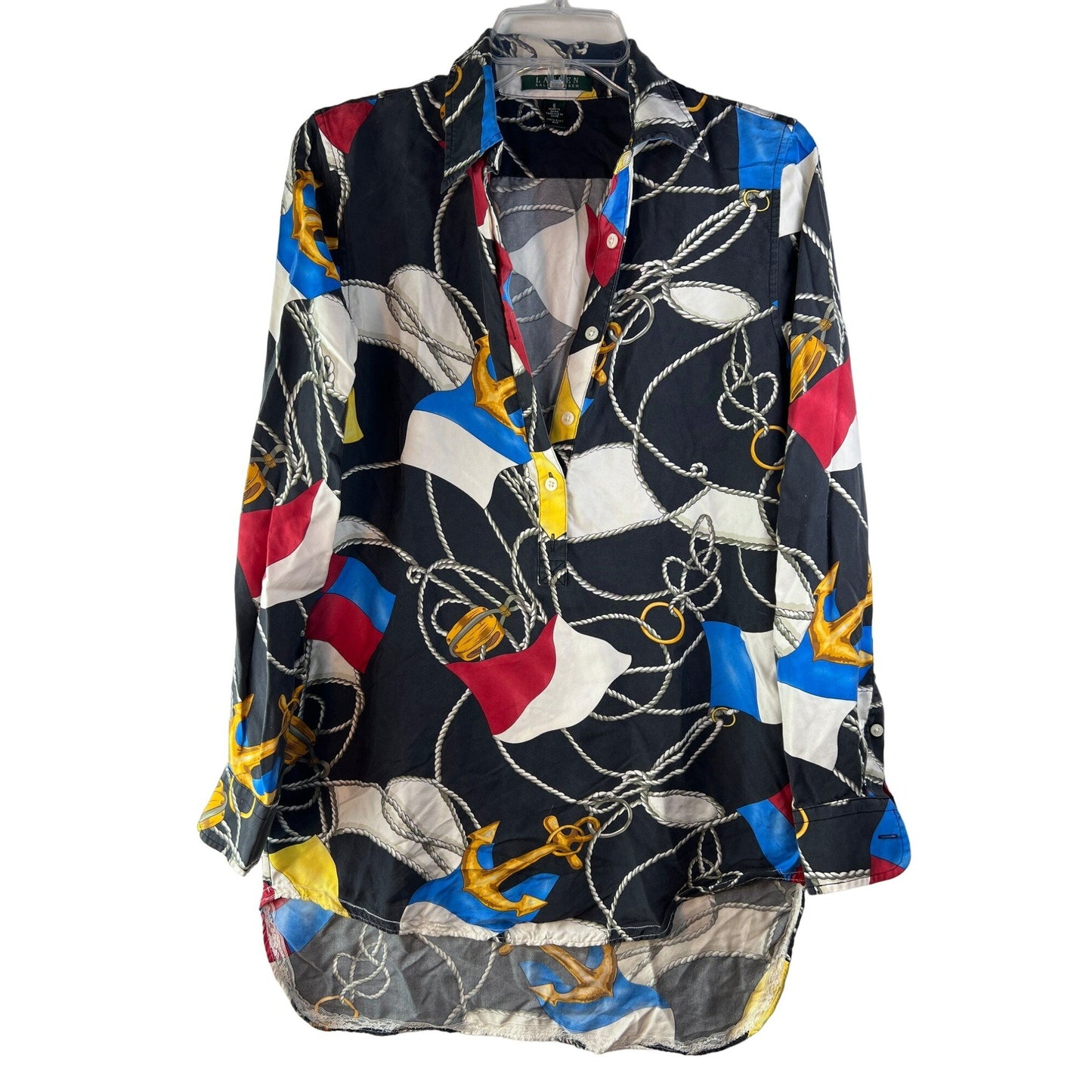 Lauren Ralph Lauren Nautical Flag & Anchor Print 100% Silk Blouse Size 6 With Button Front & Bow Tie Detail