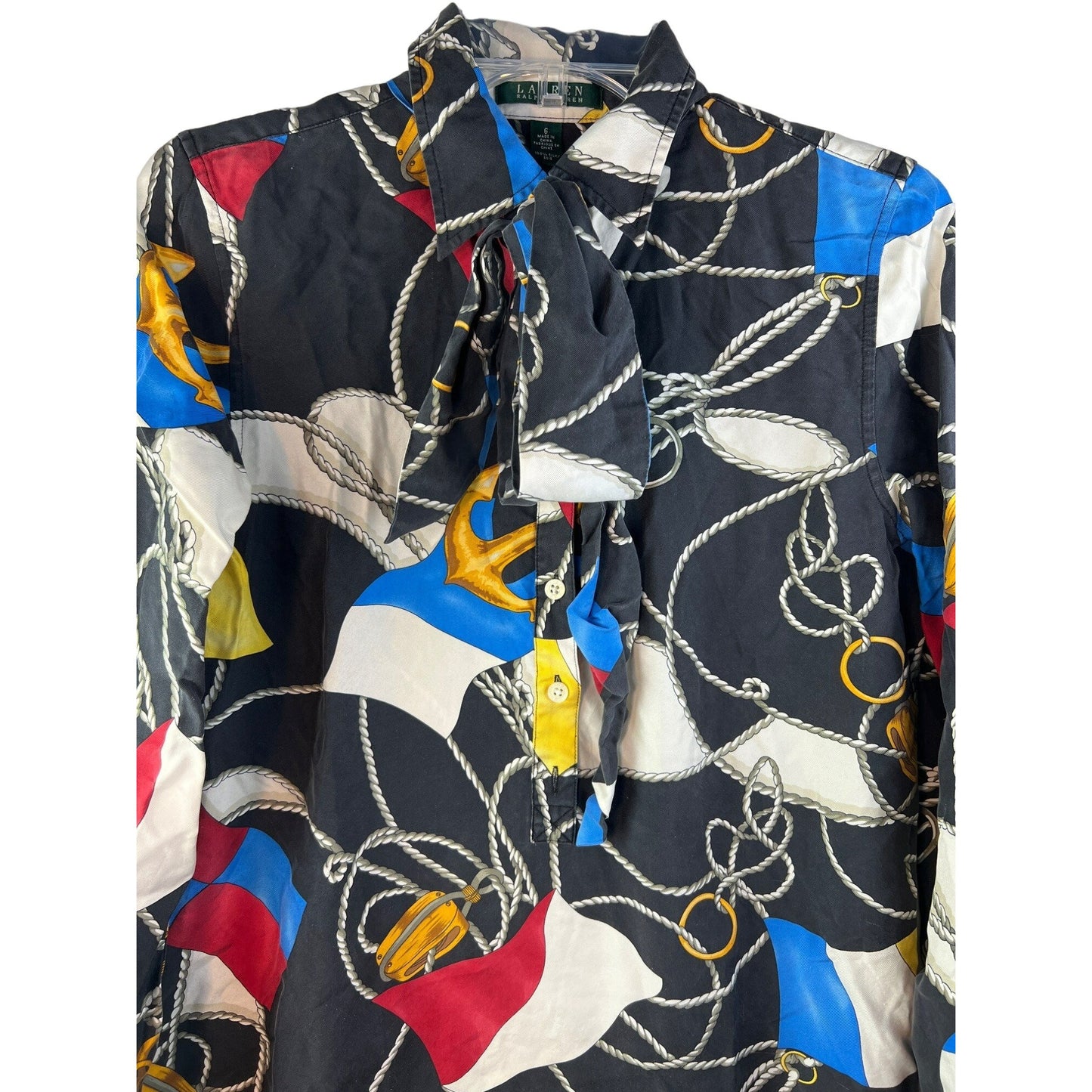 Lauren Ralph Lauren Nautical Flag & Anchor Print 100% Silk Blouse Size 6 With Button Front & Bow Tie Detail