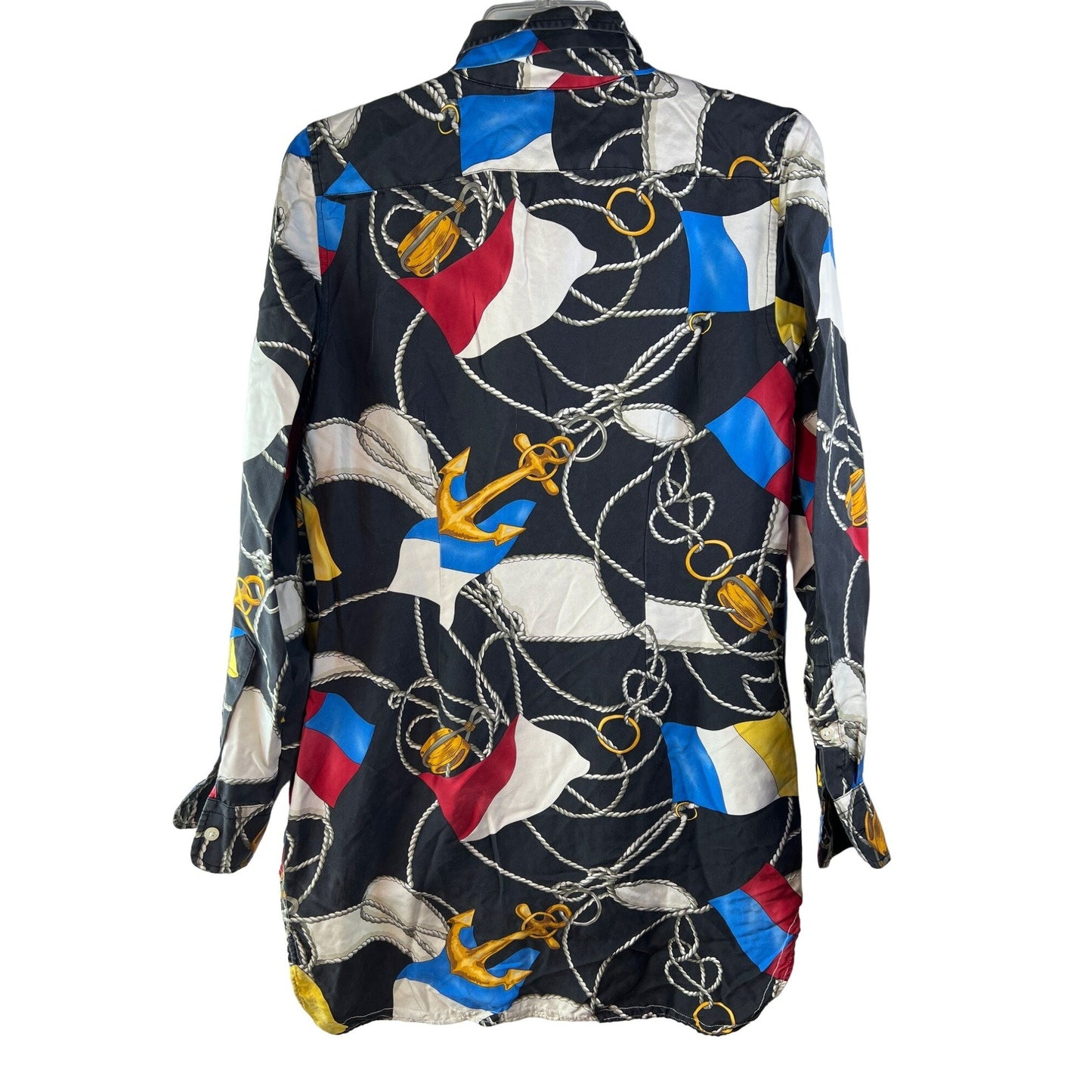 Lauren Ralph Lauren Nautical Flag & Anchor Print 100% Silk Blouse Size 6 With Button Front & Bow Tie Detail