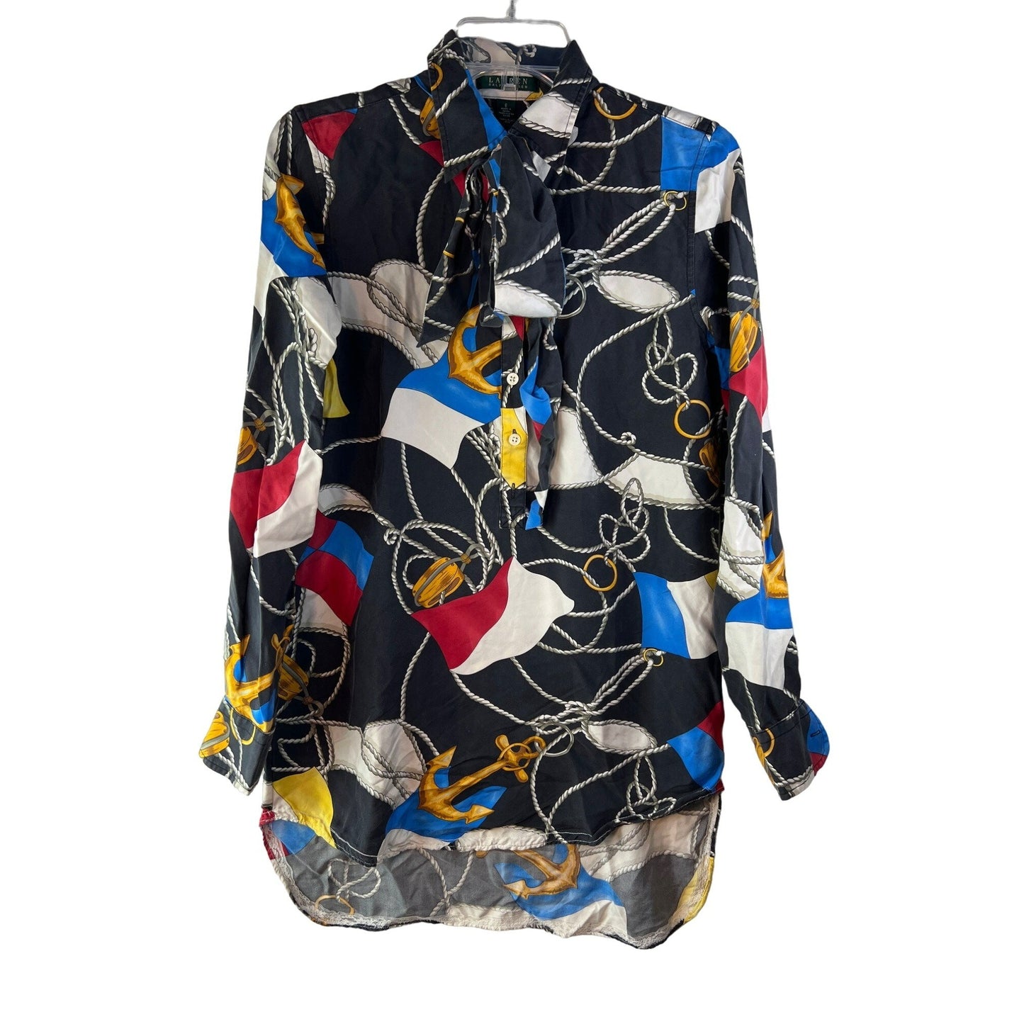 Lauren Ralph Lauren Nautical Flag & Anchor Print 100% Silk Blouse Size 6 With Button Front & Bow Tie Detail