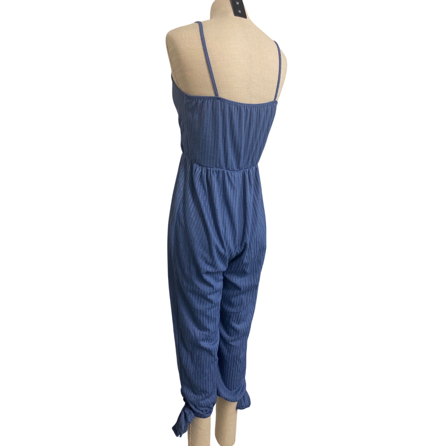Womens Blue Striped Sleeveless Jumpsuit With Tie Hem & V-Neckline