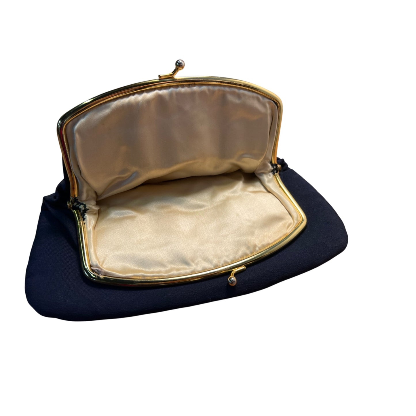 Vintage Mel Ton Navy Blue Sophisticated Clutch Purse With Gold Satin Interior Gold-Tone Frame