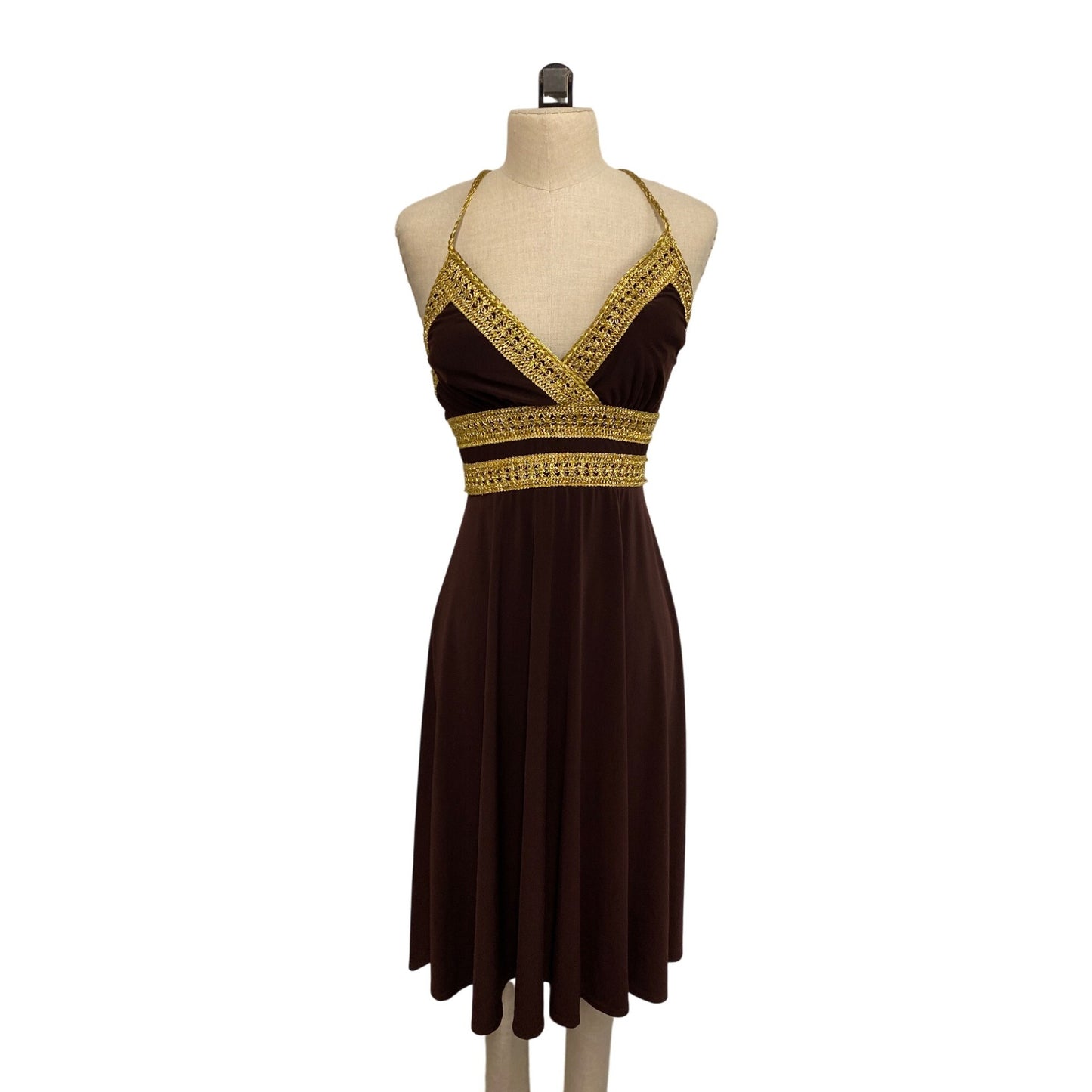 Vintage Eliza J. New York Brown & Gold Halter Dress With Crochet Detailing & Open Back Design