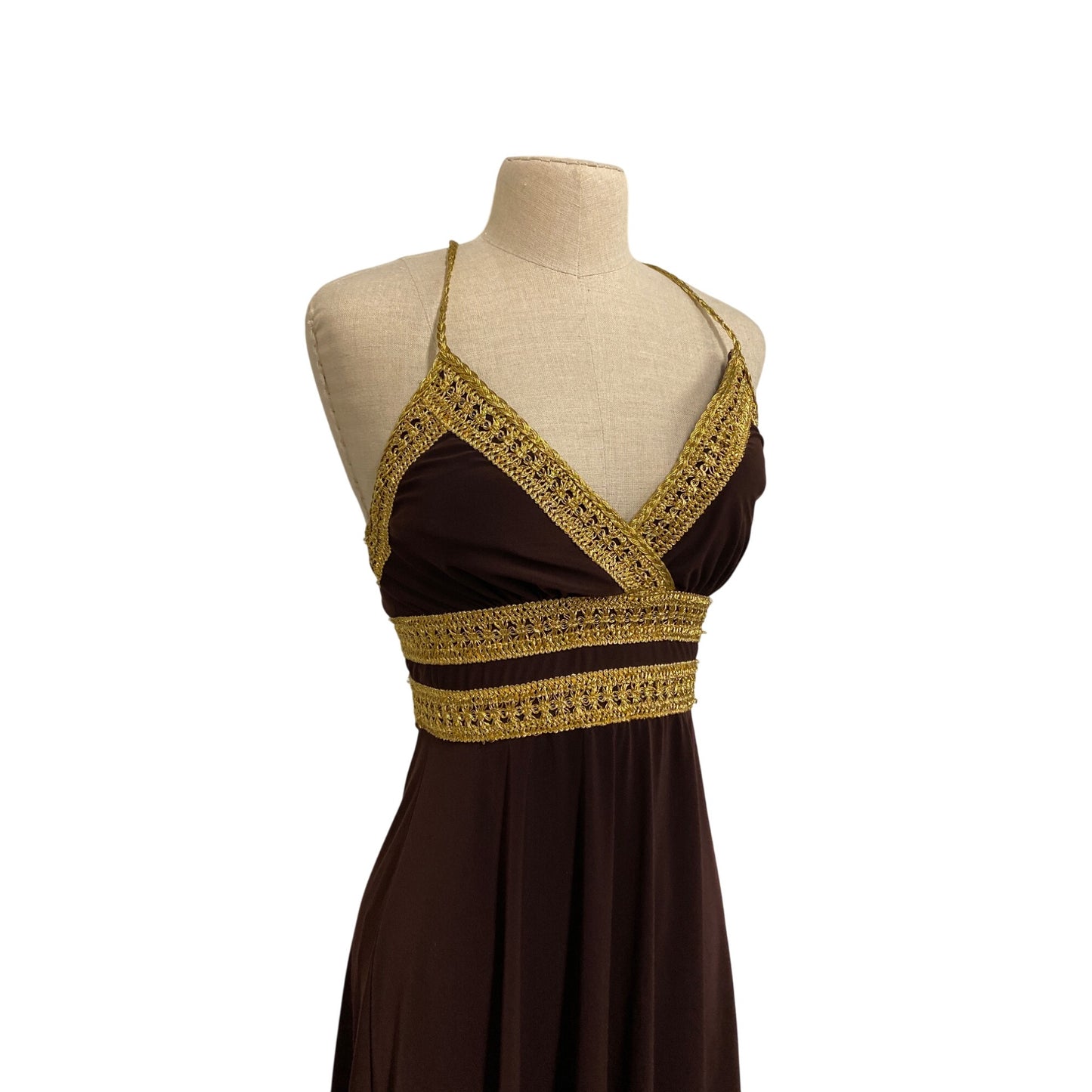 Vintage Eliza J. New York Brown & Gold Halter Dress With Crochet Detailing & Open Back Design