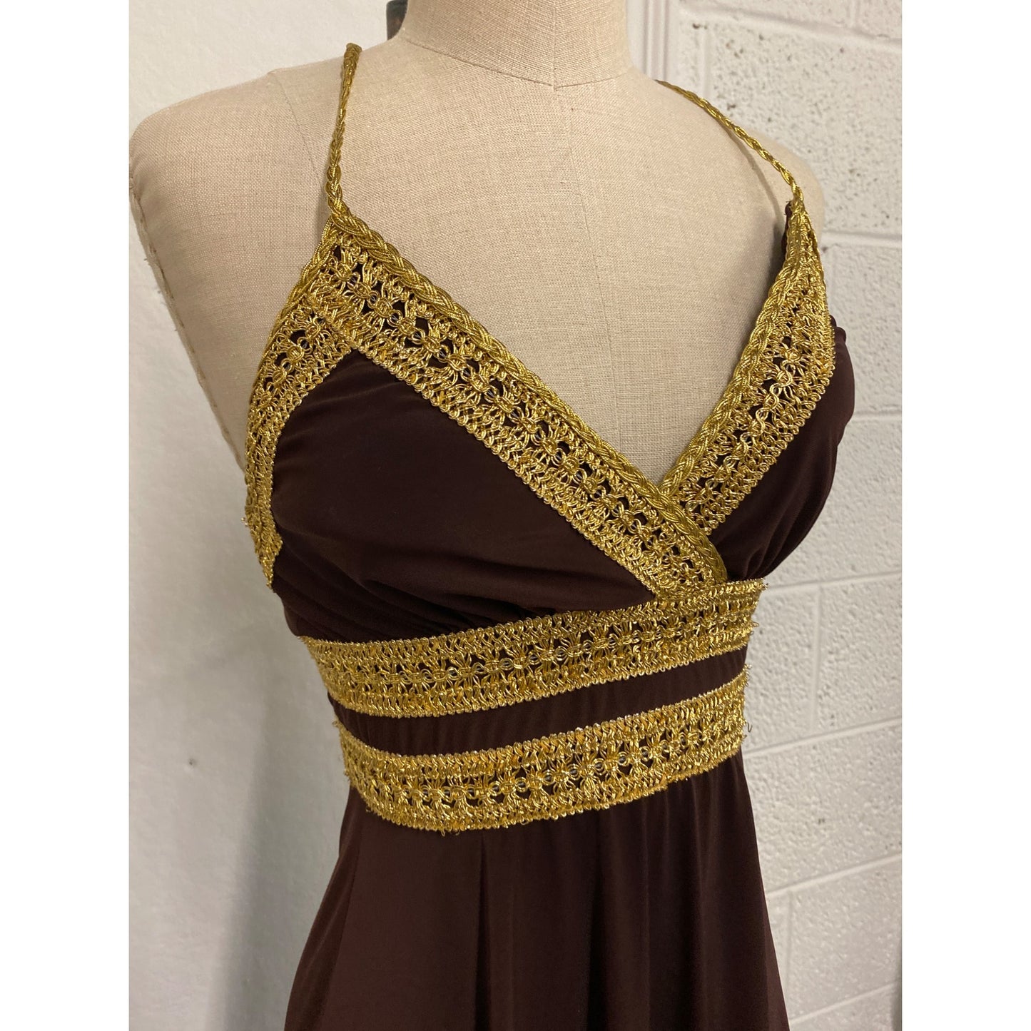 Vintage Eliza J. New York Brown & Gold Halter Dress With Crochet Detailing & Open Back Design