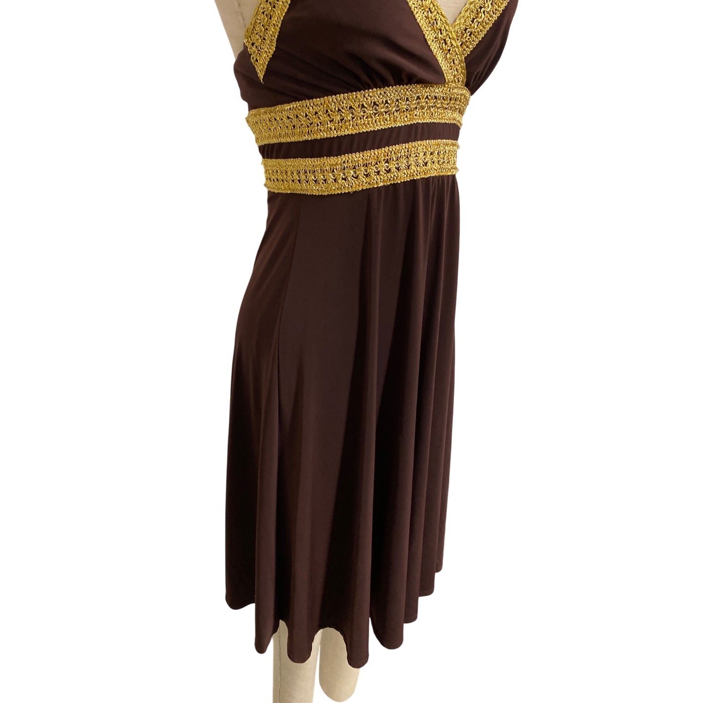 Vintage Eliza J. New York Brown & Gold Halter Dress With Crochet Detailing & Open Back Design