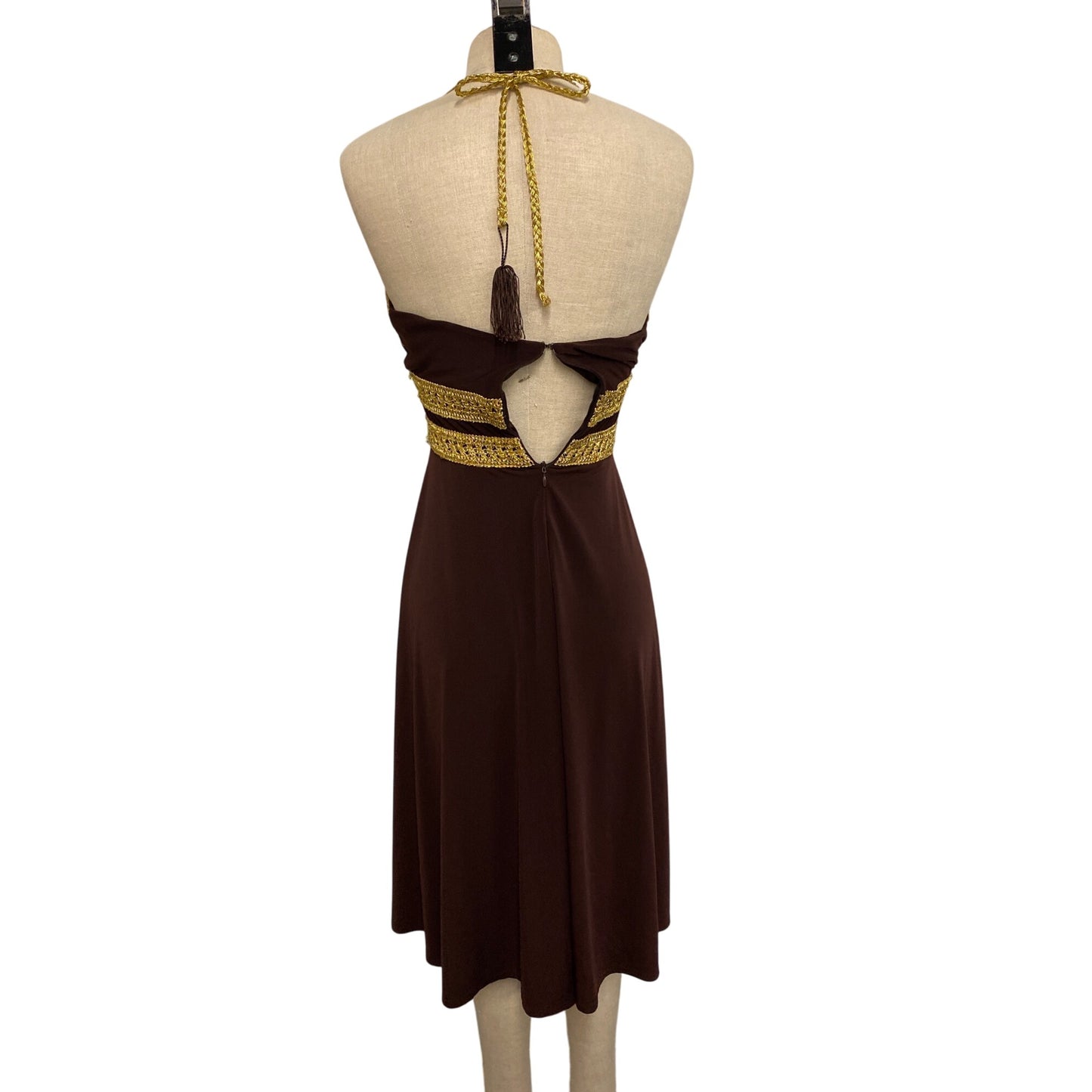 Vintage Eliza J. New York Brown & Gold Halter Dress With Crochet Detailing & Open Back Design
