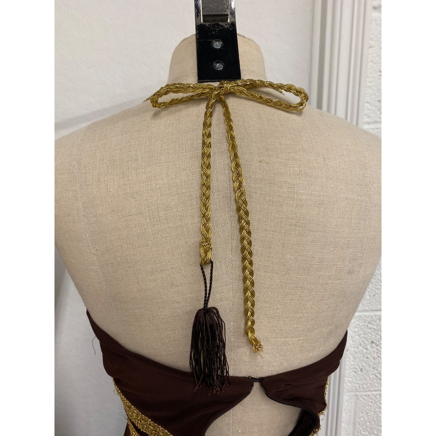 Vintage Eliza J. New York Brown & Gold Halter Dress With Crochet Detailing & Open Back Design