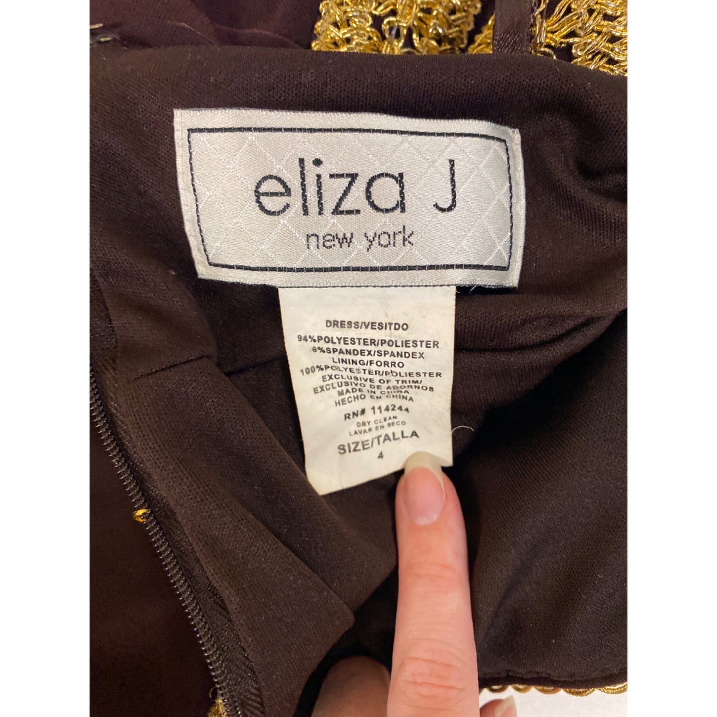 Vintage Eliza J. New York Brown & Gold Halter Dress With Crochet Detailing & Open Back Design