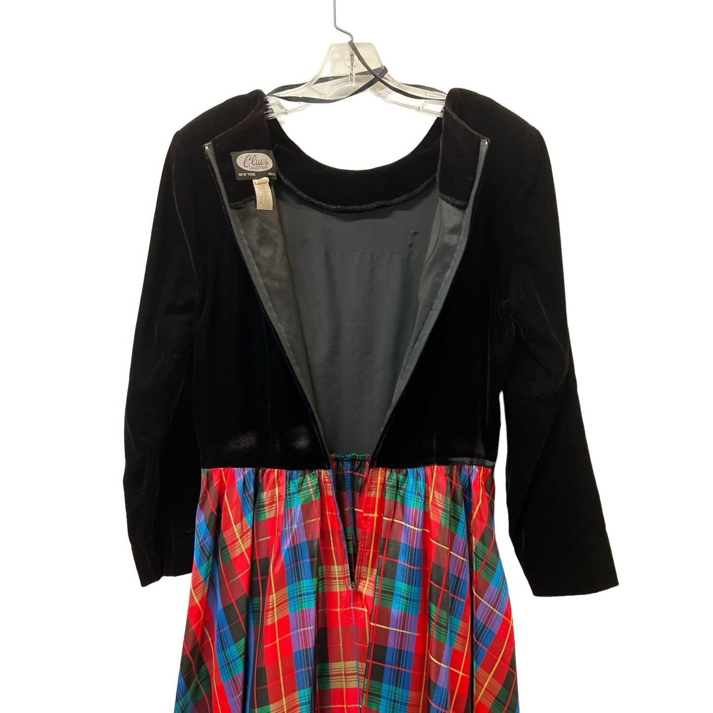 Clues Collections New York Paris Vintage Black Velvet Red Plaid Dress Black Velvet