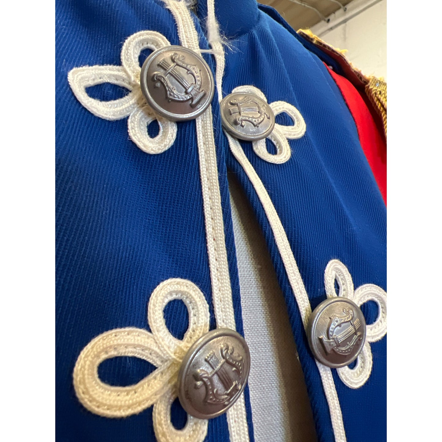 Vintage Stanbury Uniforms Blue Red Military-Inspired Jacket W/ Gold Tassels Crestline Detail Double-Breasted Buttons