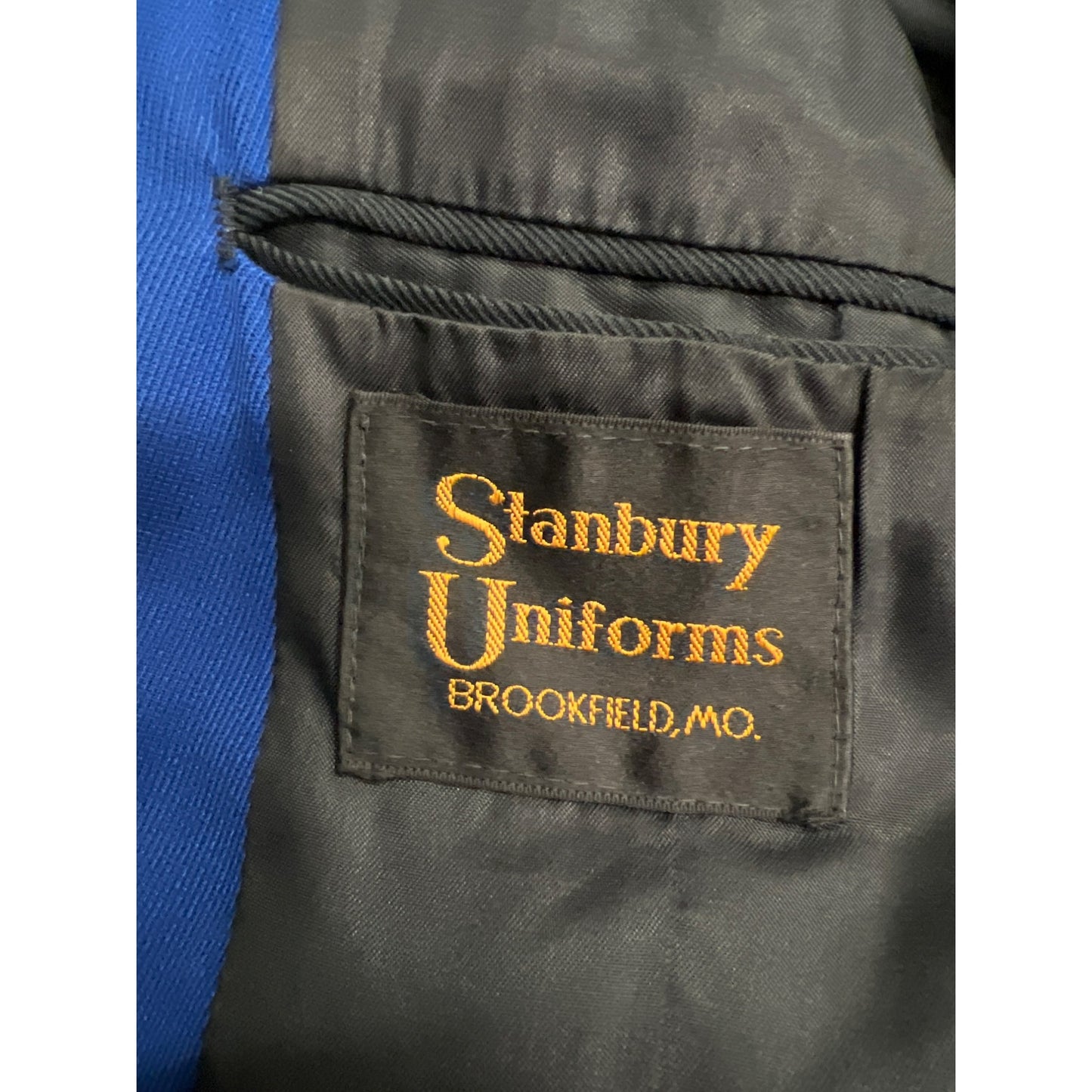 Vintage Stanbury Uniforms Blue Red Military-Inspired Jacket W/ Gold Tassels Crestline Detail Double-Breasted Buttons
