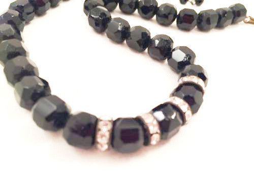 Black Glass Beads Rondelle Rhinestones Choker Necklace Vintage Jewelry