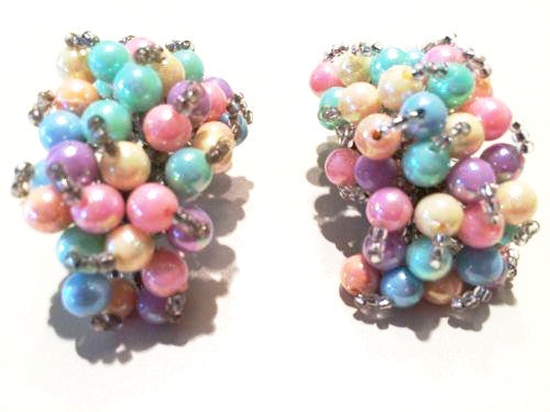 Vintage Plastic Jewelry Beaded Clip On Hoop Earrings