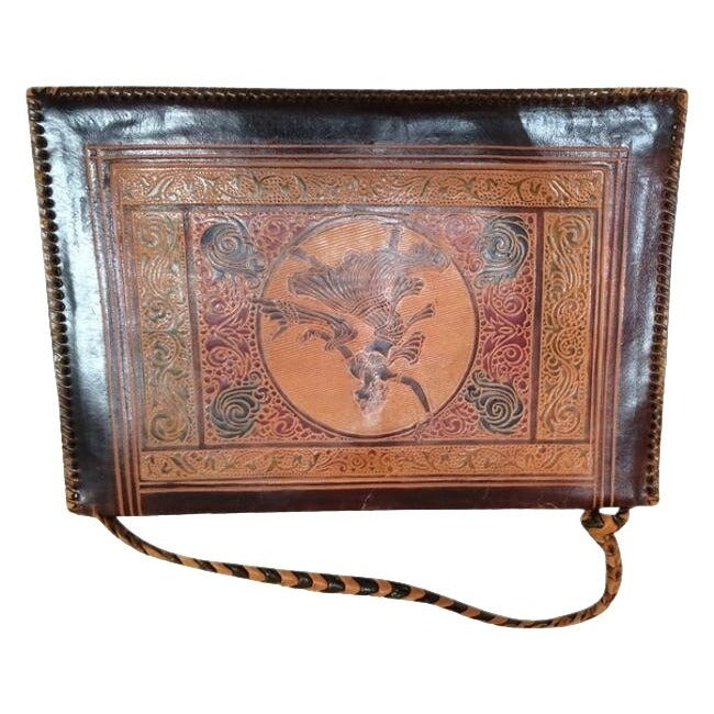 Exotic Dancer Etched Leather Ethnic Handmade Vintage Handbag Incredible Brown Clutch