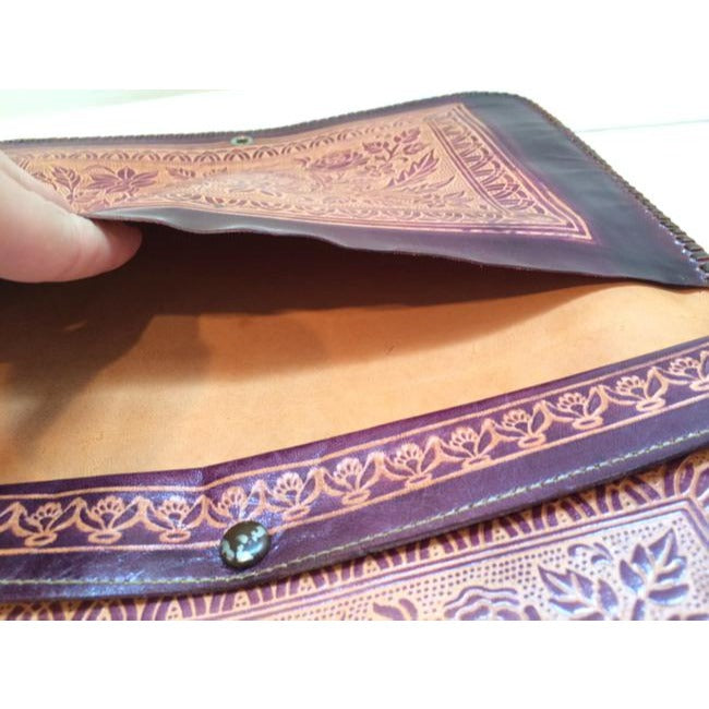 Exotic Dancer Etched Leather Ethnic Handmade Vintage Handbag Incredible Brown Clutch