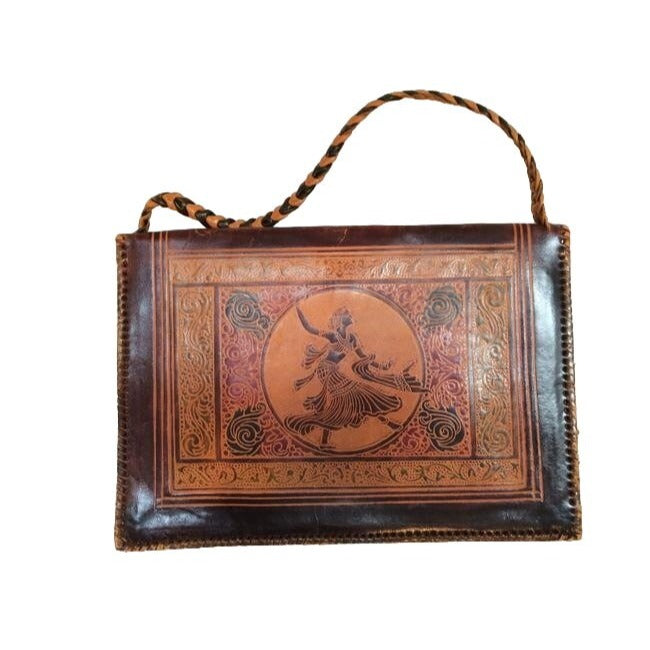 Exotic Dancer Etched Leather Ethnic Handmade Vintage Handbag Incredible Brown Clutch