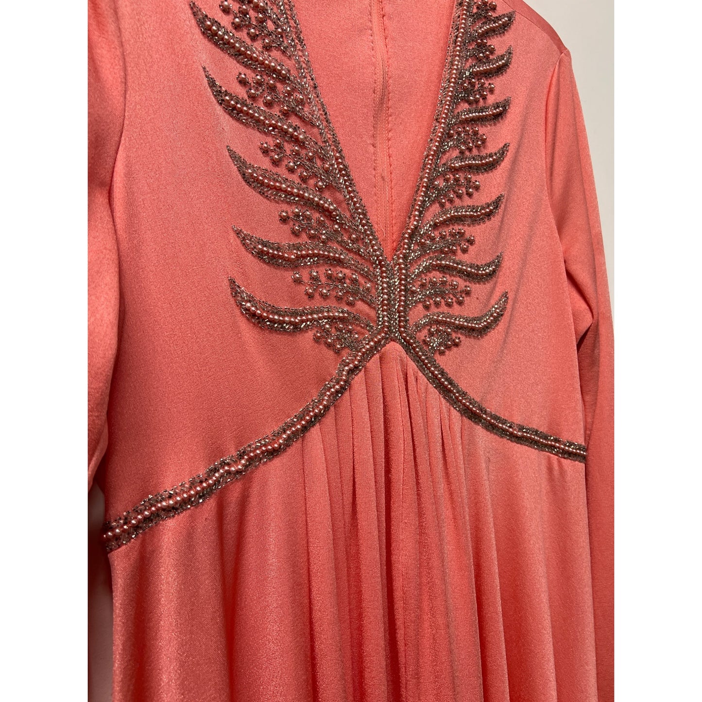 Vintage Jack Brian 1970 Maxi Dress Salmon Pink Beaded Special Evening