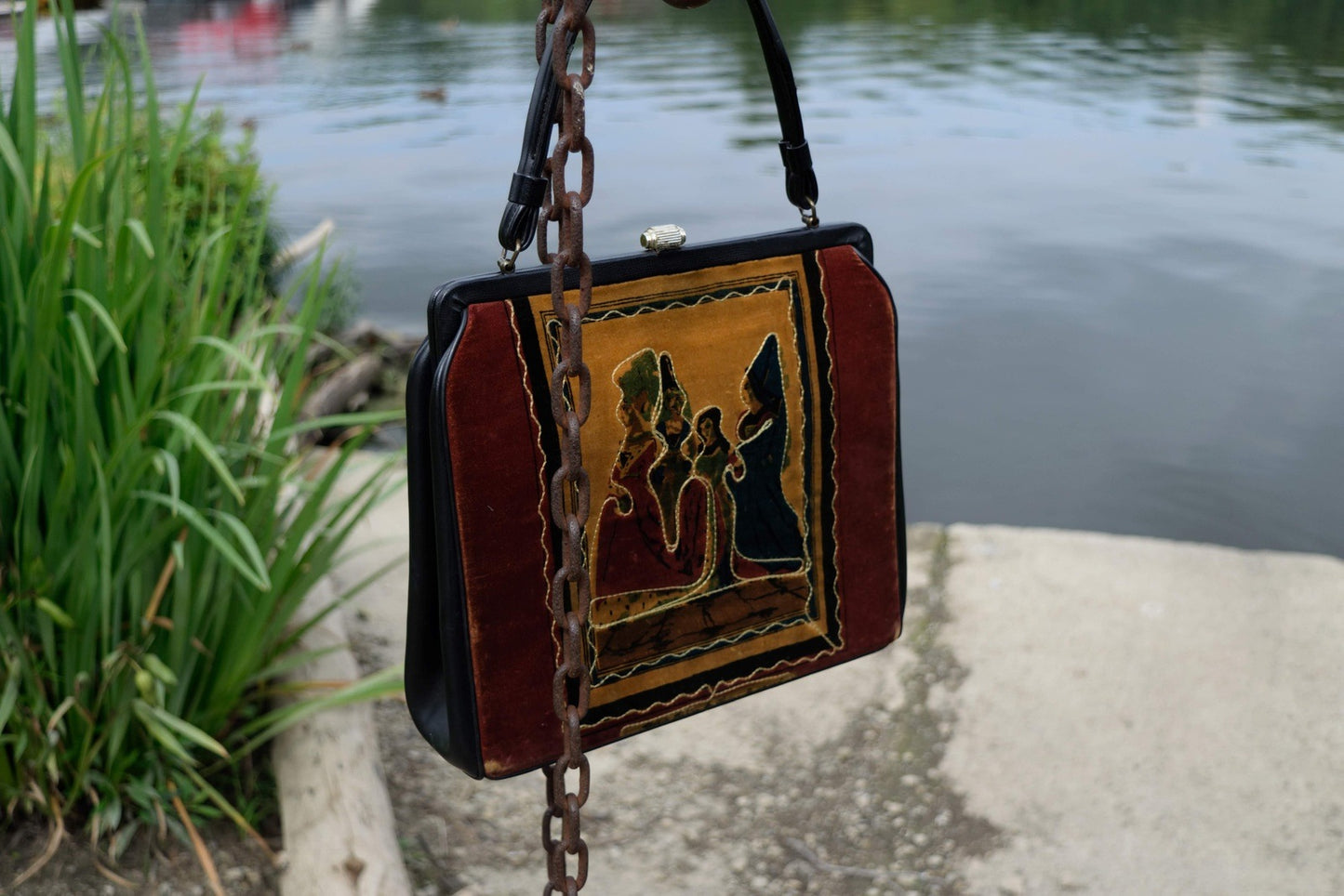 German Renaissance Fashionista Bag Velour Tapestry Purse Vintage Accessory