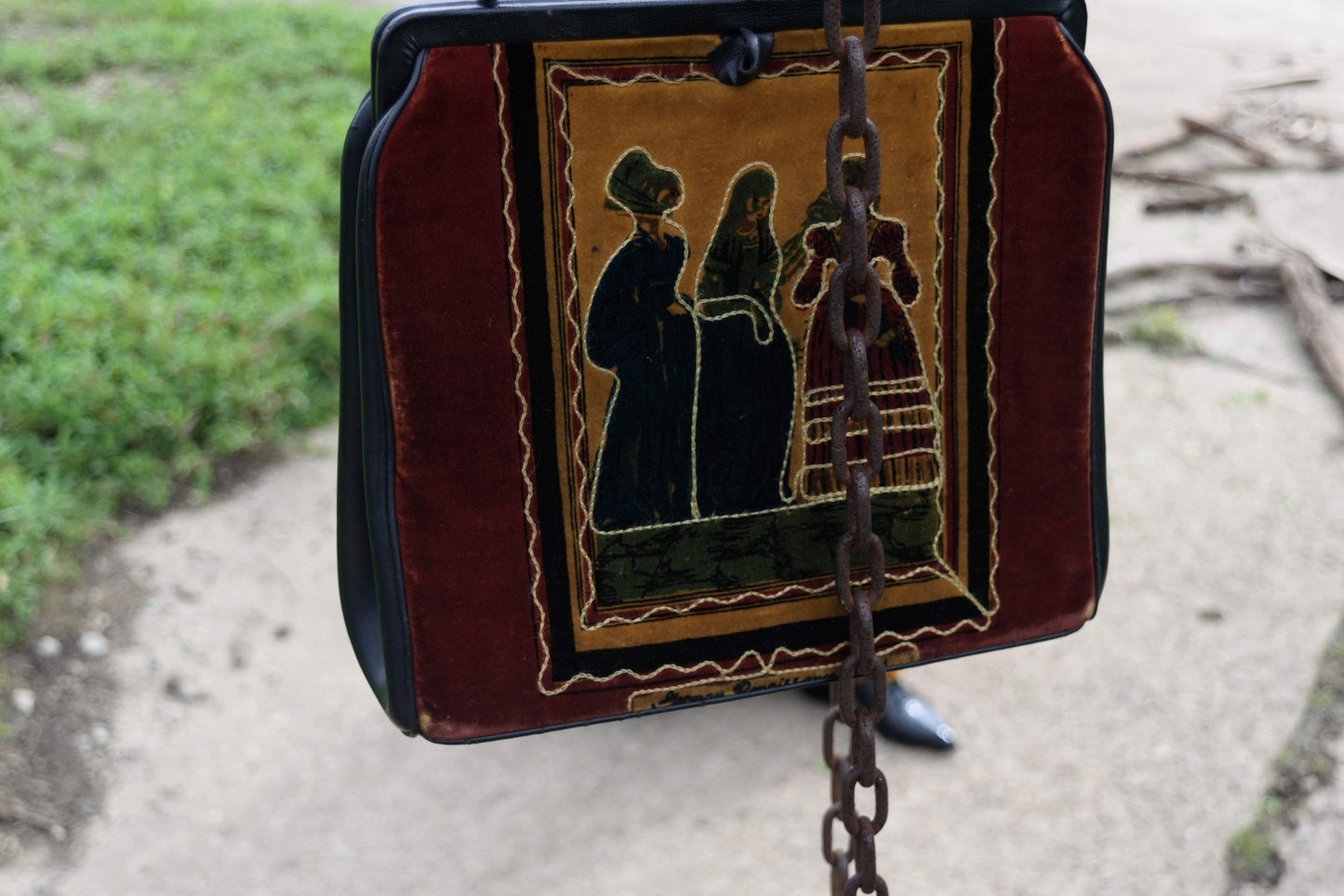 German Renaissance Fashionista Bag Velour Tapestry Purse Vintage Accessory