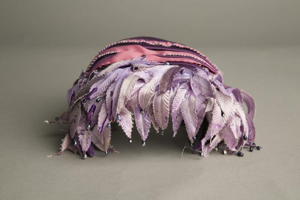 Blazsak Vintage Toque Hat with pink rose crystals and purple silk leaves.